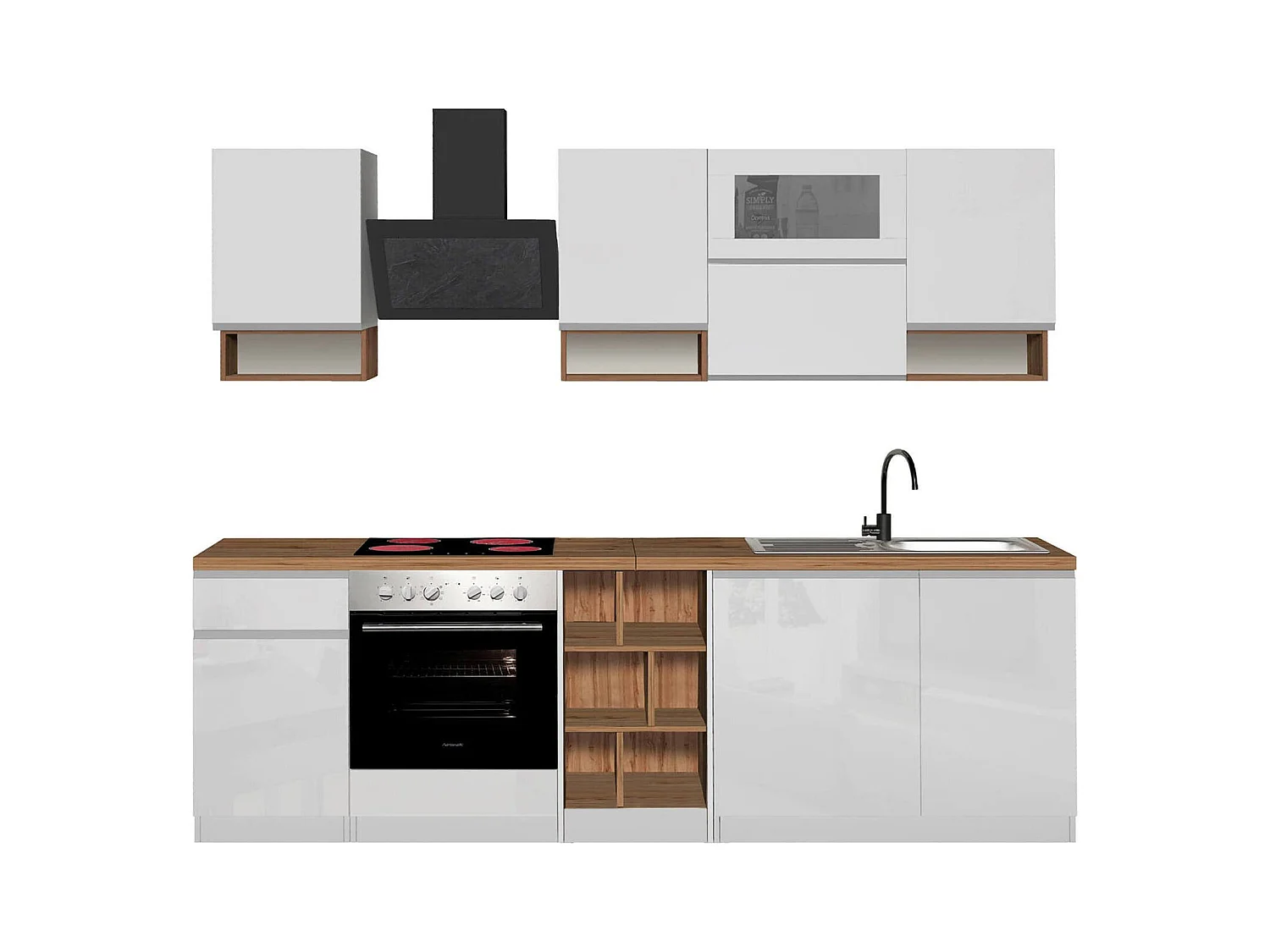 Dceccaron complete keuken, Set met bijkeuken, Keukenkast, Lineaire blokkit, 100% Made in Italy, 255x60h85 cm, Glanzend wit en eiken