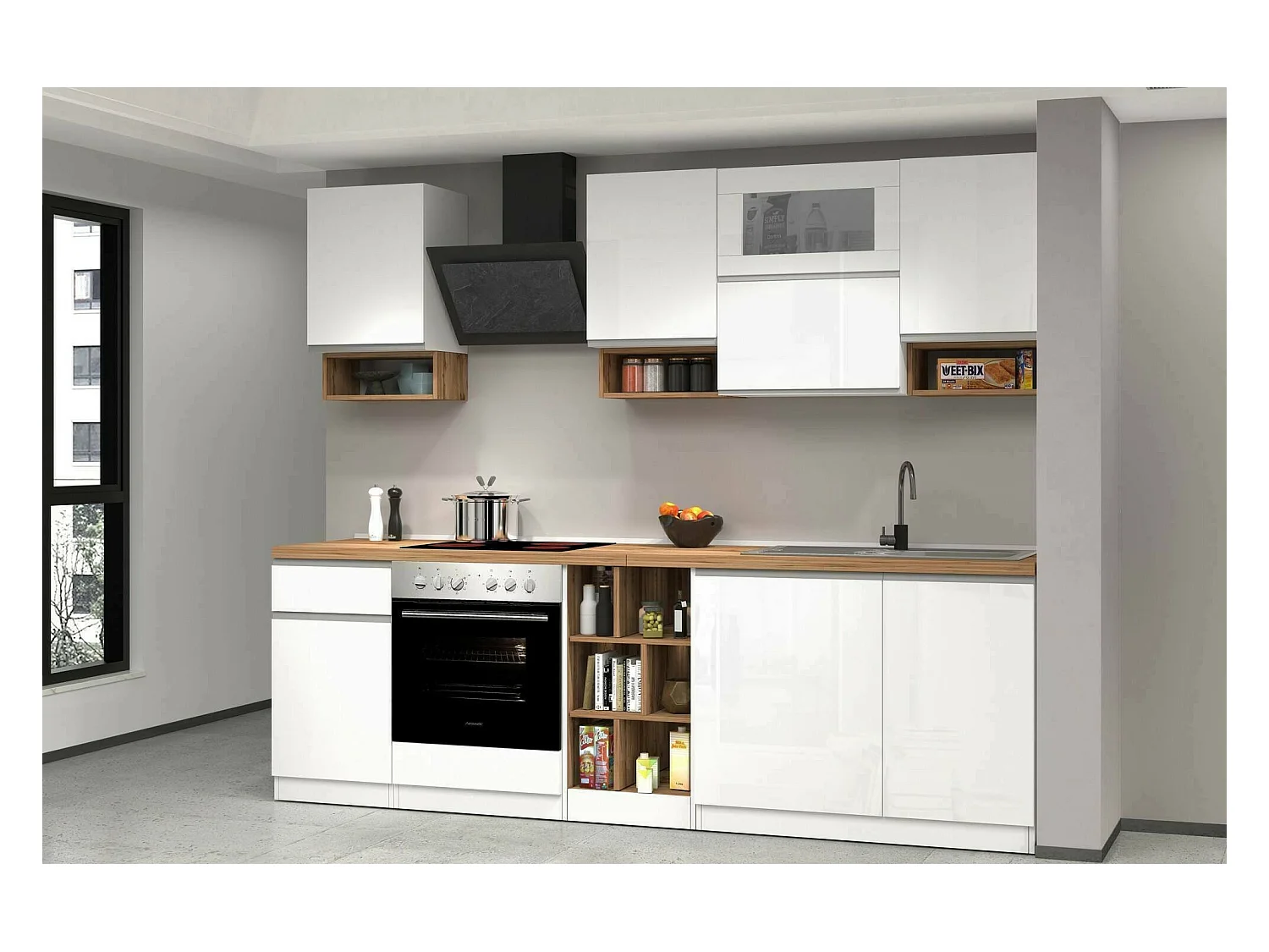 Dceccaron complete keuken, Set met bijkeuken, Keukenkast, Lineaire blokkit, 100% Made in Italy, 255x60h85 cm, Glanzend wit en eiken