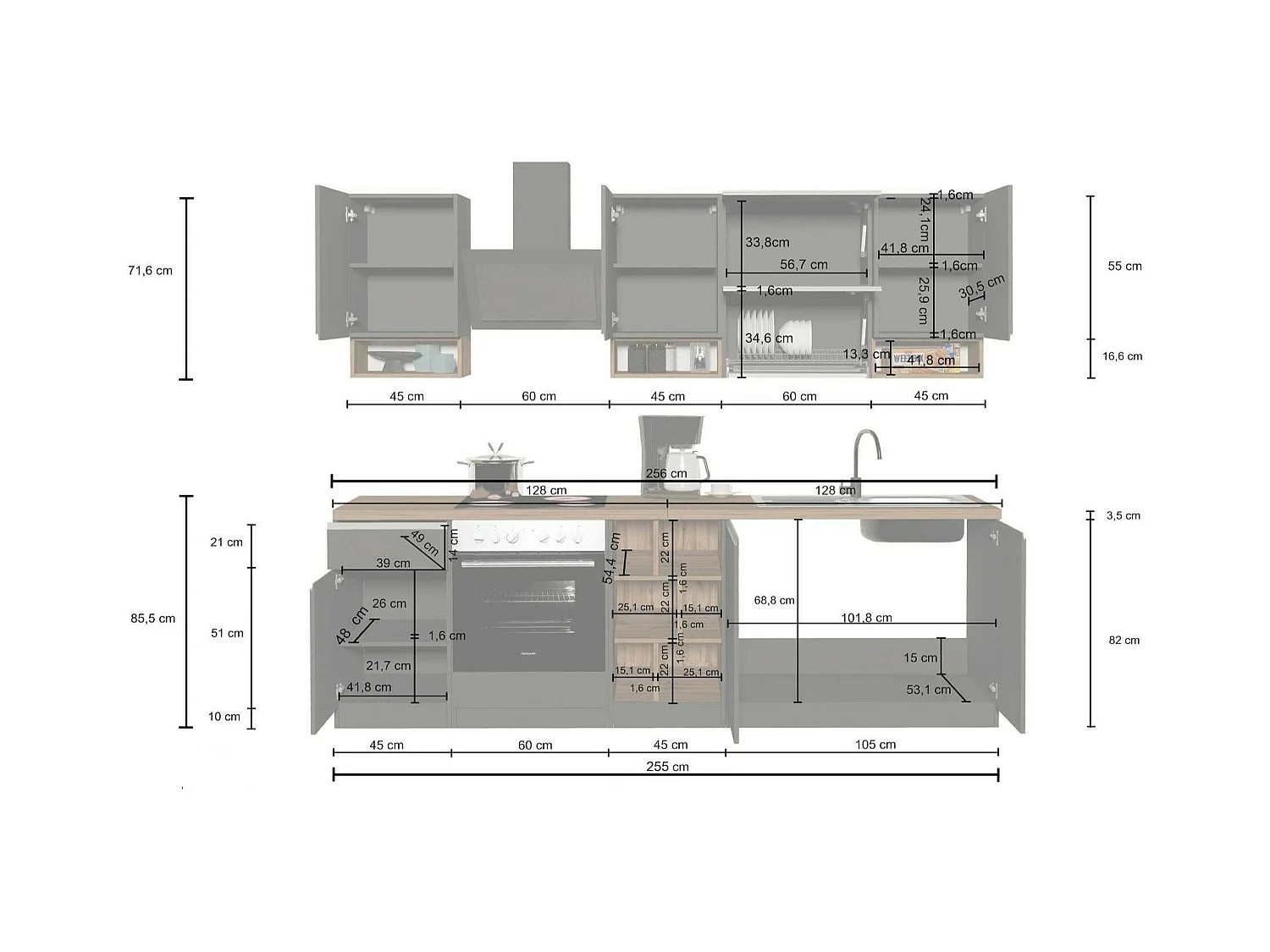 Dceccaron complete keuken, Set met bijkeuken, Keukenkast, Lineaire blokkit, 100% Made in Italy, 255x60h85 cm, Glanzend wit en eiken
