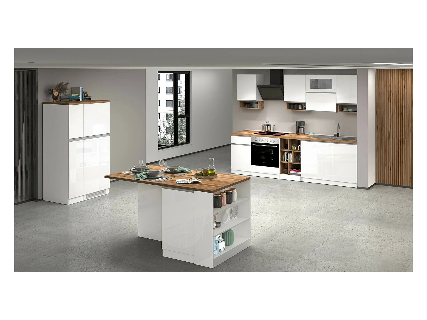 Dceccaron complete keuken, Set met bijkeuken, Keukenkast, Lineaire blokkit, 100% Made in Italy, 255x60h85 cm, Glanzend wit en eiken
