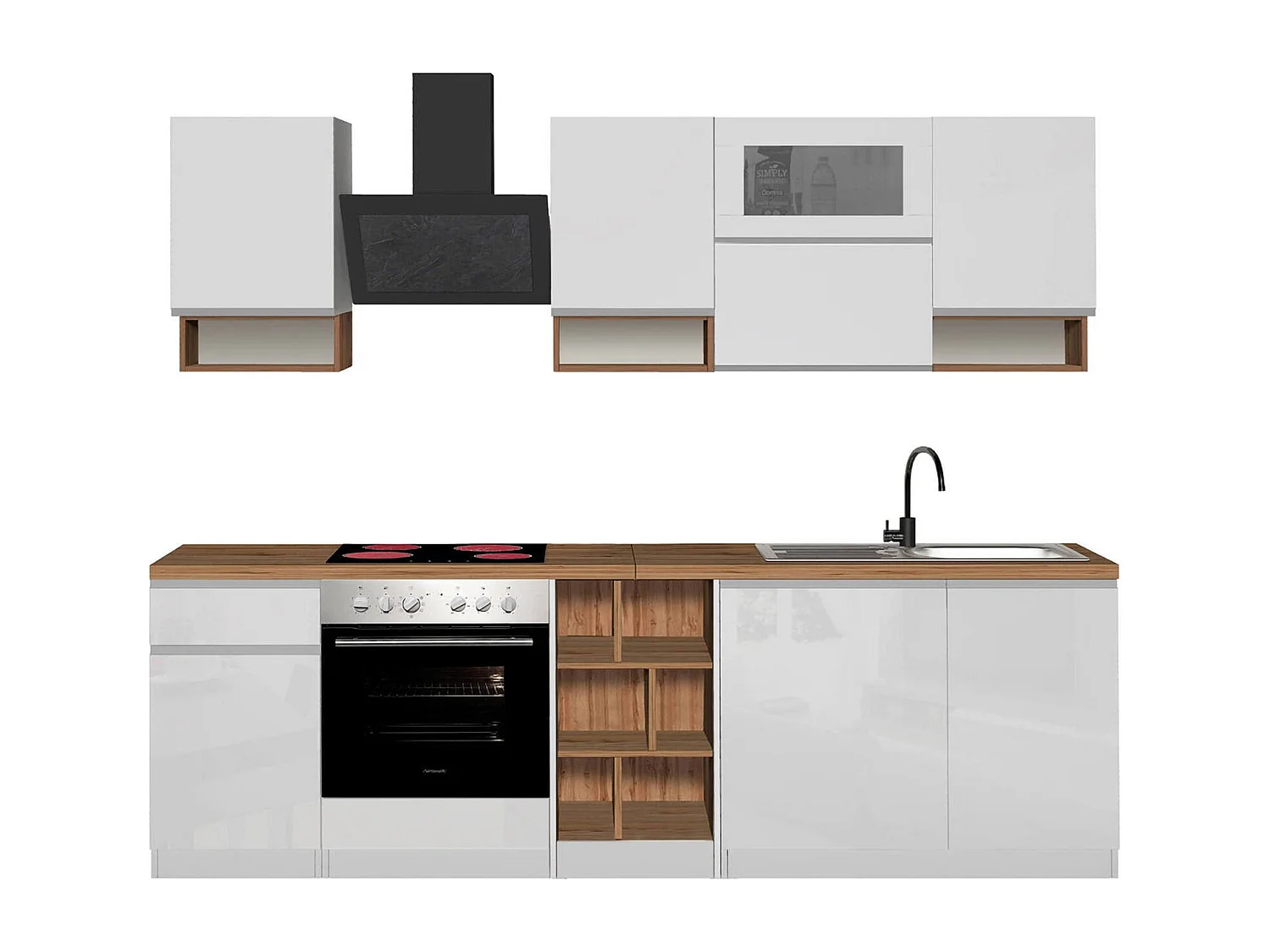Cocina completa Dceccaron, Set con despensa, Mueble cocina, Kit bloque lineal, 100% Made in Italy, 255x60h85 cm, Blanco brillo y roble