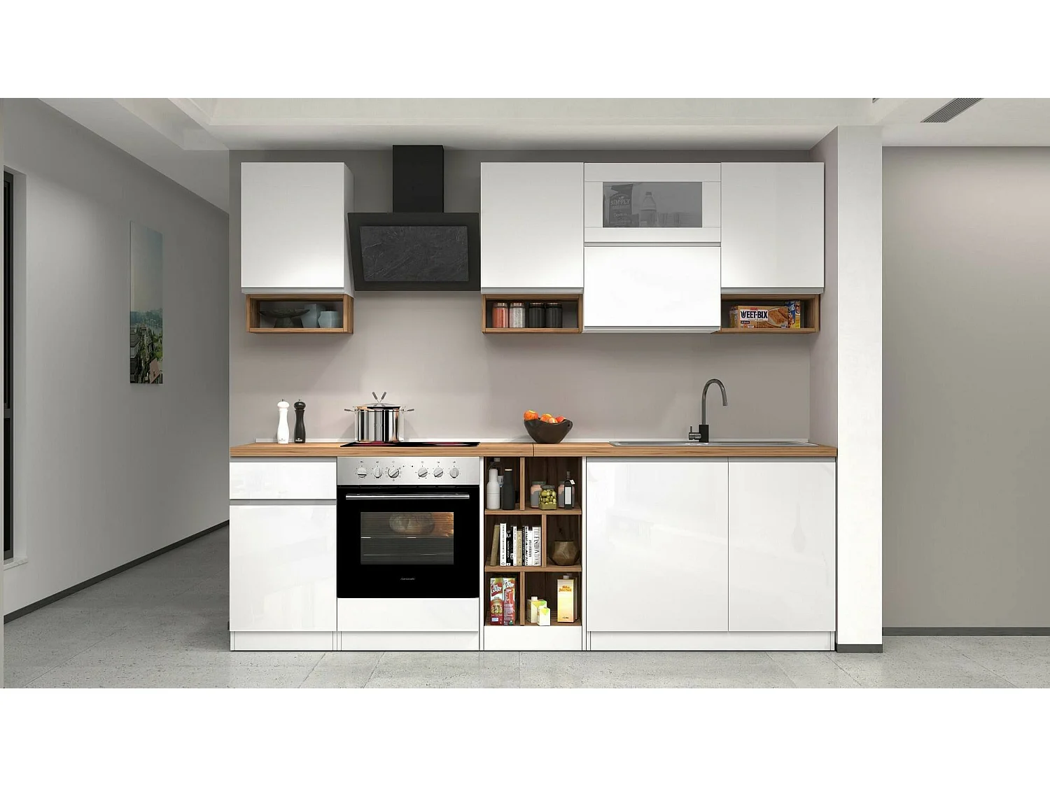 Cocina completa Dceccaron, Set con despensa, Mueble cocina, Kit bloque lineal, 100% Made in Italy, 255x60h85 cm, Blanco brillo y roble