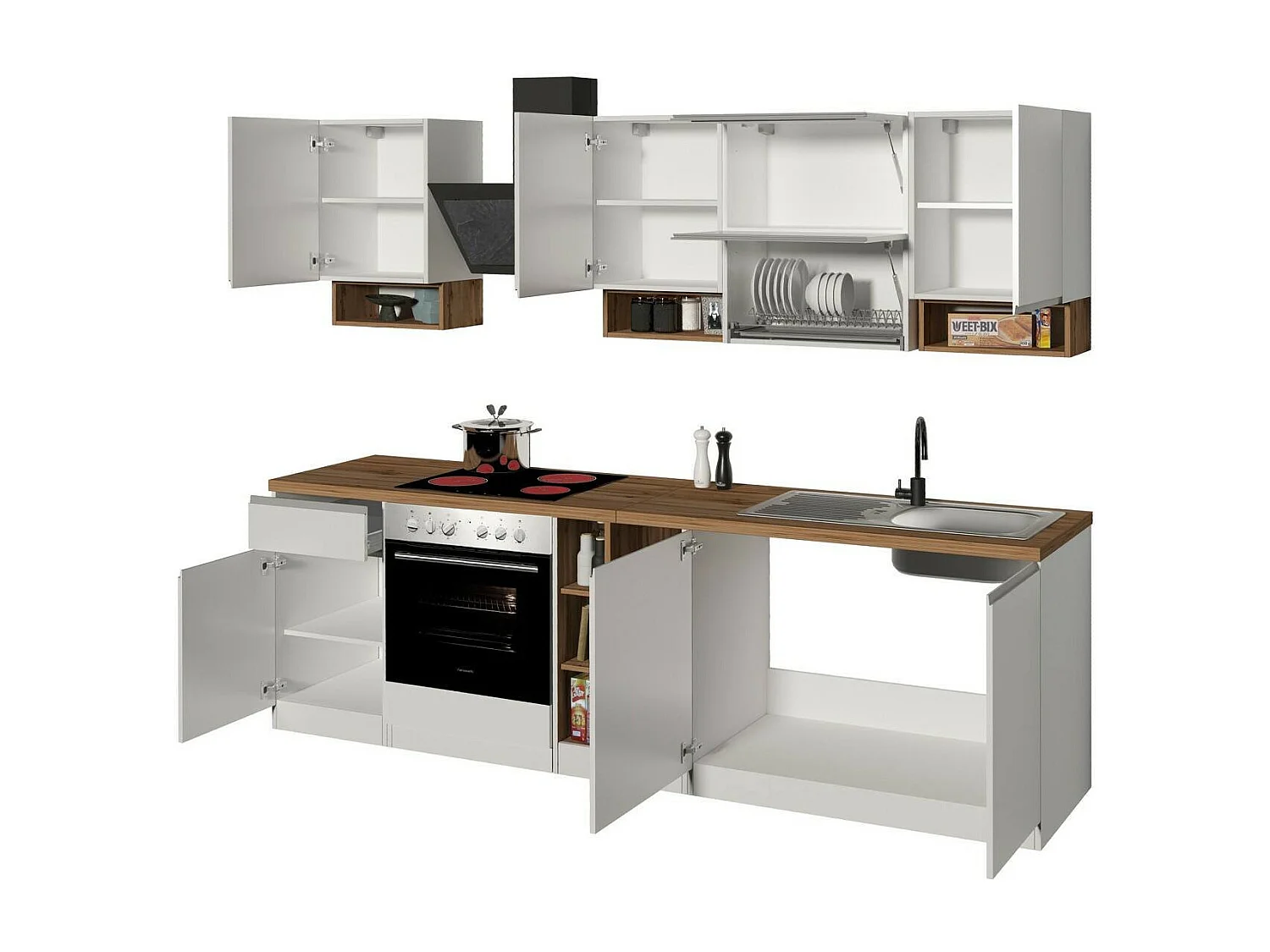 Cocina completa Dceccaron, Set con despensa, Mueble cocina, Kit bloque lineal, 100% Made in Italy, 255x60h85 cm, Blanco brillo y roble
