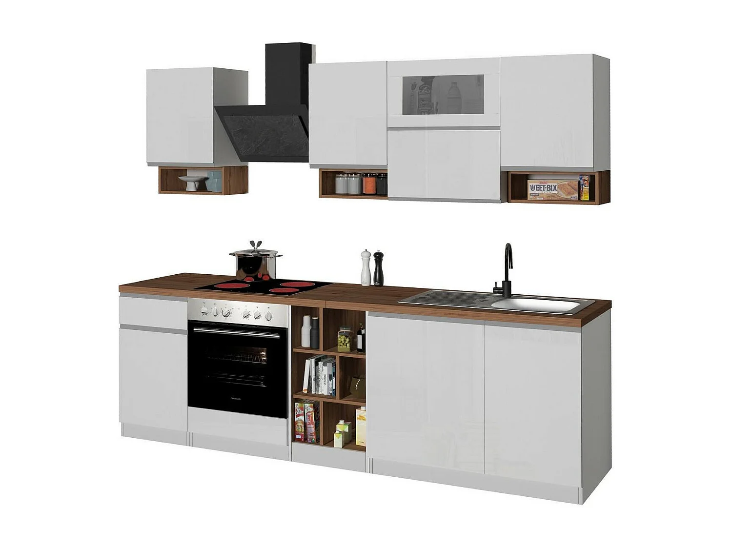 Cocina completa Dceccaron, Set con despensa, Mueble cocina, Kit bloque lineal, 100% Made in Italy, 255x60h85 cm, Blanco brillo y roble