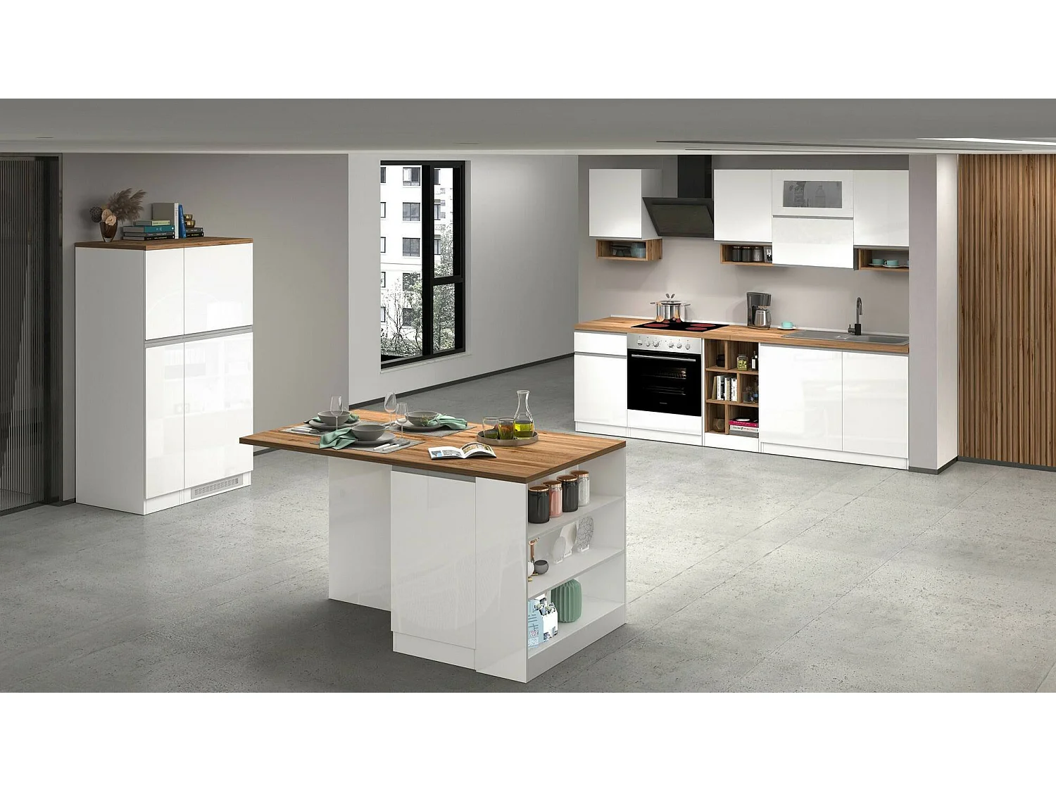 Cucina Completa Attiko, Modulabile Made in Italy, Bianco Lucido