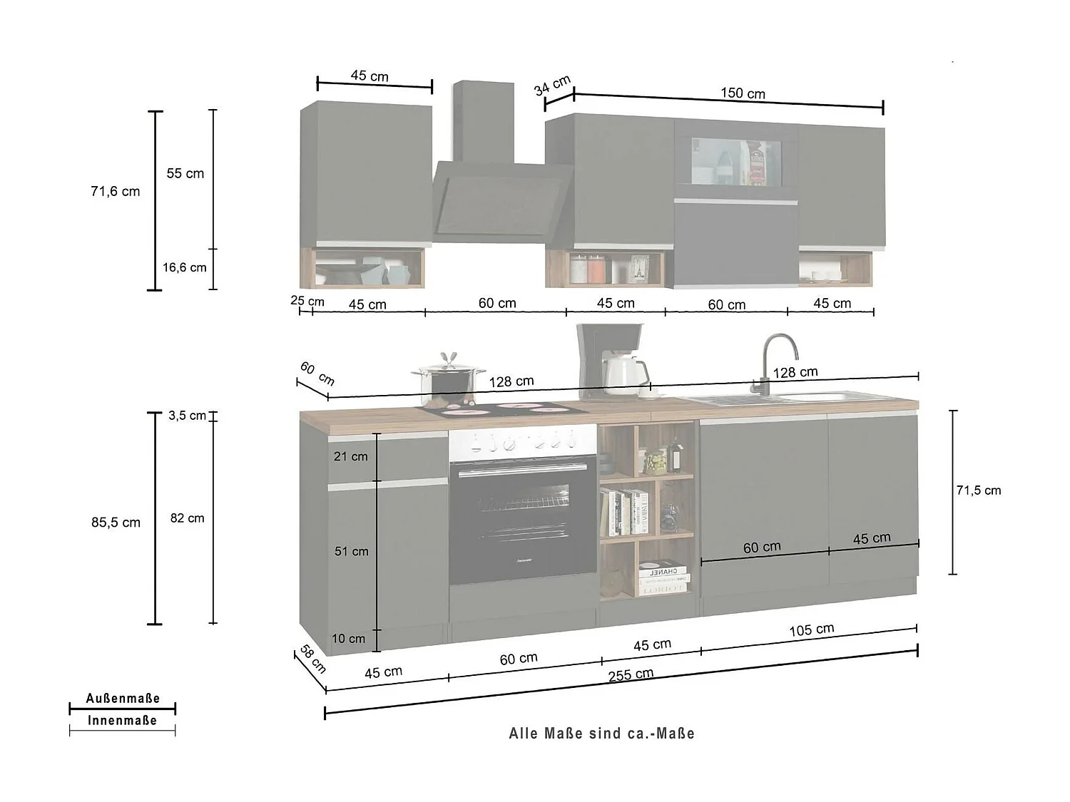 Dceccaron complete keuken, Set met bijkeuken, Keukenkast, Lineaire blokkit, 100% Made in Italy, 255x60h85 cm, Glanzend wit en eiken