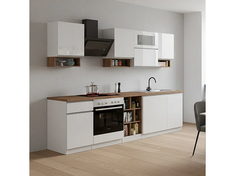 Dceccaron complete keuken, Set met bijkeuken, Keukenkast, Lineaire blokkit, 100% Made in Italy, 255x60h85 cm, Glanzend wit en eiken