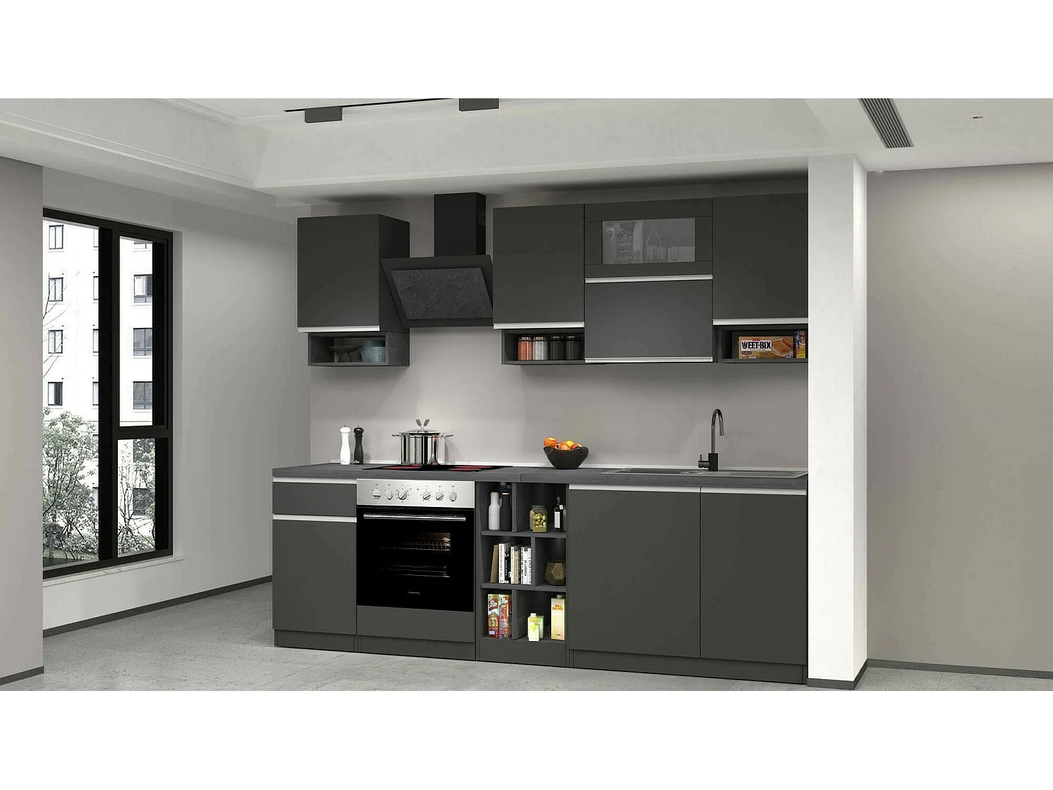 Dceccaron complete keuken, Set met bijkeuken, Keukenkast, Lineaire blokkit, 100% Made in Italy, 255x60h85 cm, Antraciet en Leisteen