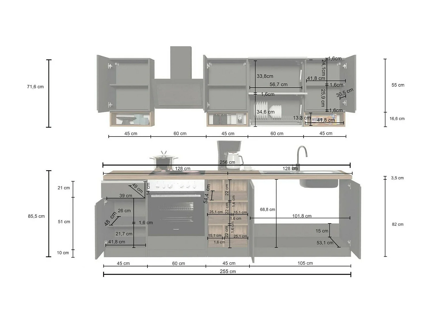Dceccaron complete keuken, Set met bijkeuken, Keukenkast, Lineaire blokkit, 100% Made in Italy, 255x60h85 cm, Antraciet en Leisteen