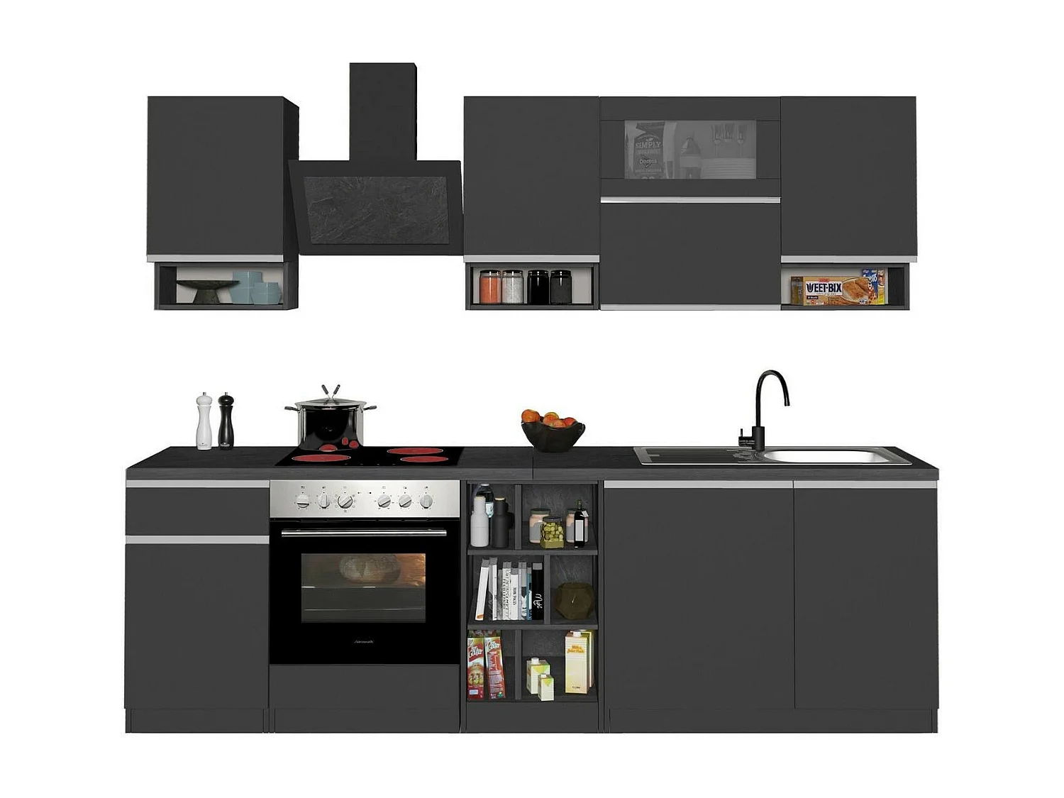 Dceccaron complete keuken, Set met bijkeuken, Keukenkast, Lineaire blokkit, 100% Made in Italy, 255x60h85 cm, Antraciet en Leisteen