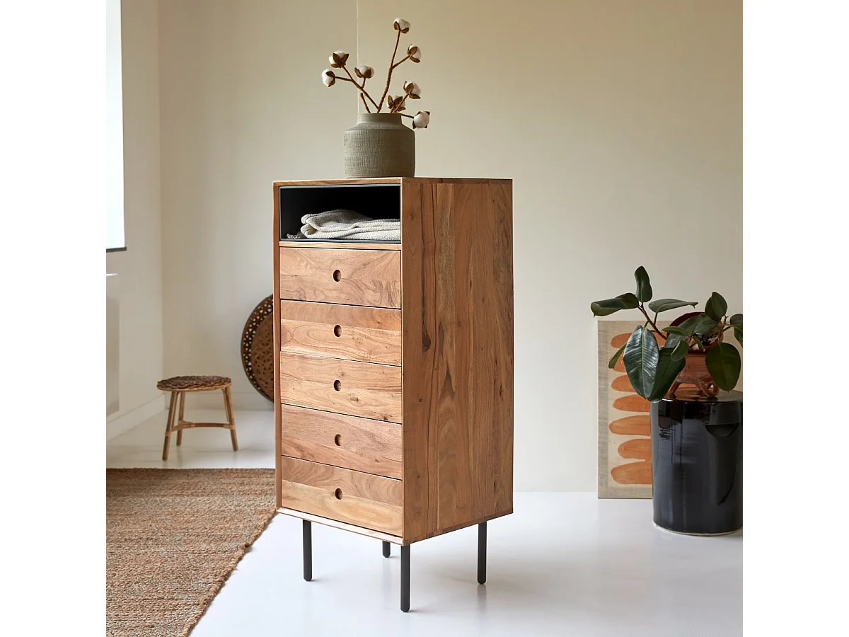 Hochkommode mit 5 Schubladen aus Akazienholz Vintage Stil