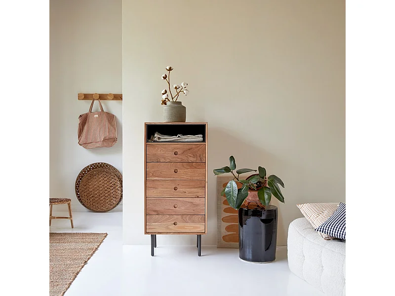 Hochkommode mit 5 Schubladen aus Akazienholz Vintage Stil