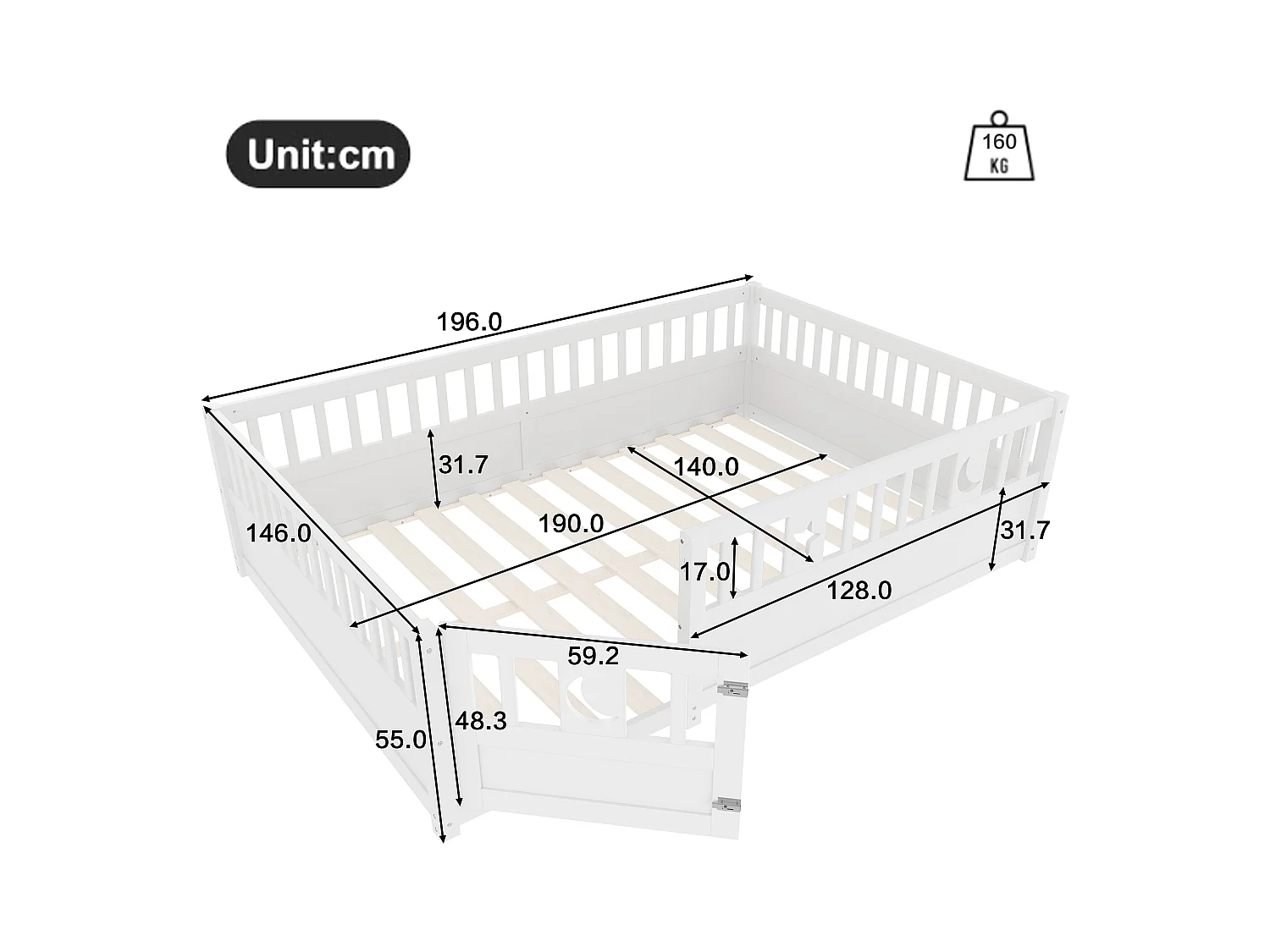 Cama infantil 140x190 cm - com barras de segurança - com estrado de ripas - branco (sem colchão)