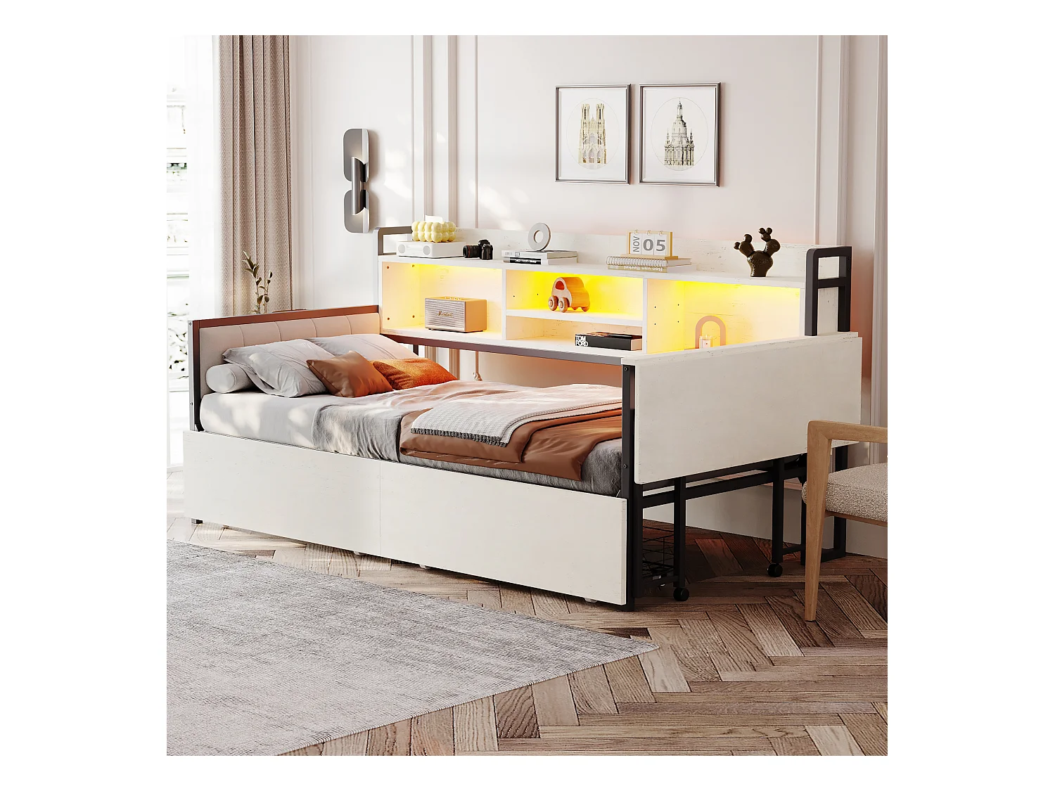 Schlafsofa 90x200 cm - mit LED-Beleuchtung - mit 2 Schubladen - Steckdose - klappbarer Schreibtisch - weiß (Matratze nicht im Lieferumfang enthalten)