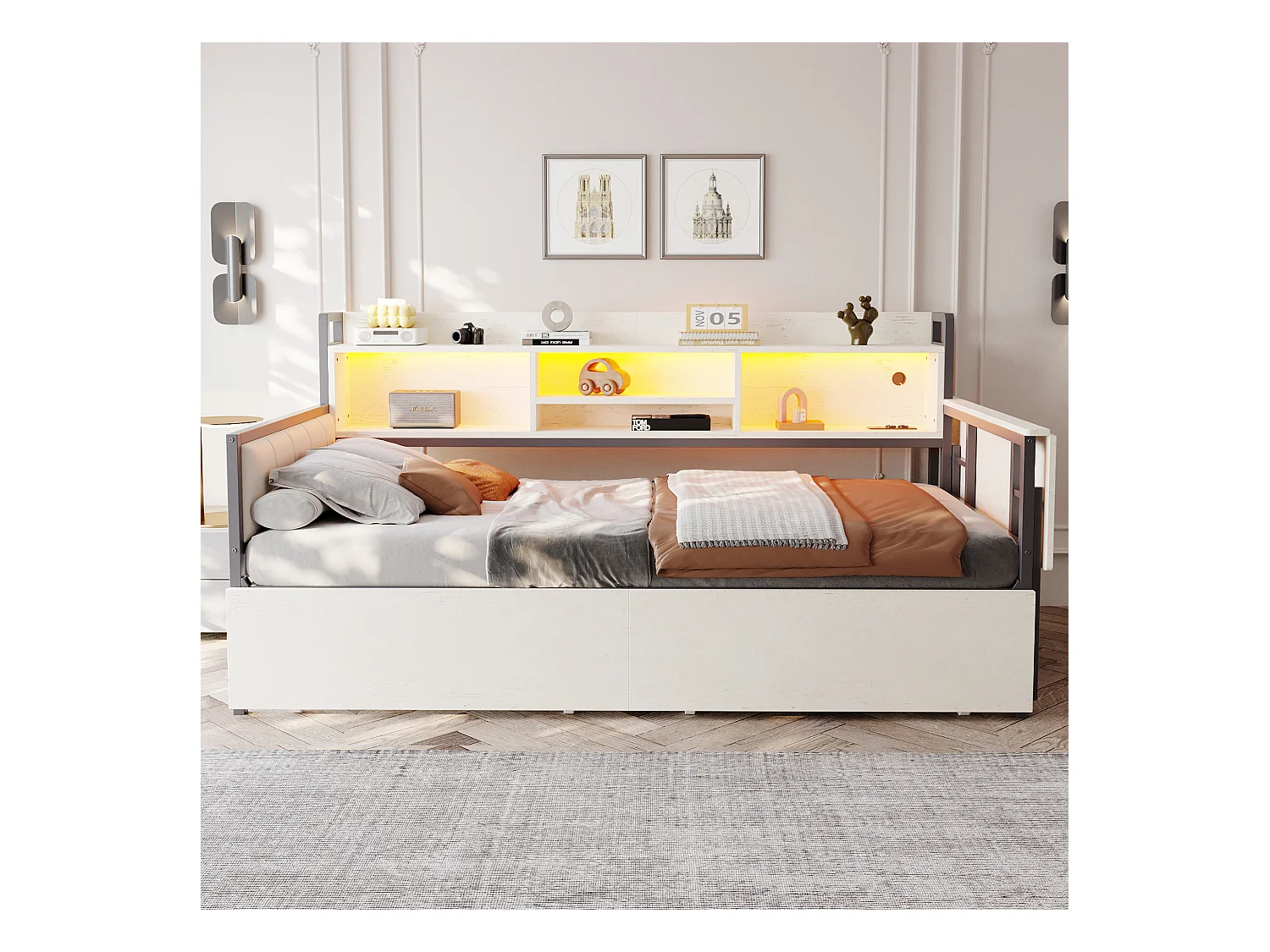 Schlafsofa 90x200 cm - mit LED-Beleuchtung - mit 2 Schubladen - Steckdose - klappbarer Schreibtisch - weiß (Matratze nicht im Lieferumfang enthalten)