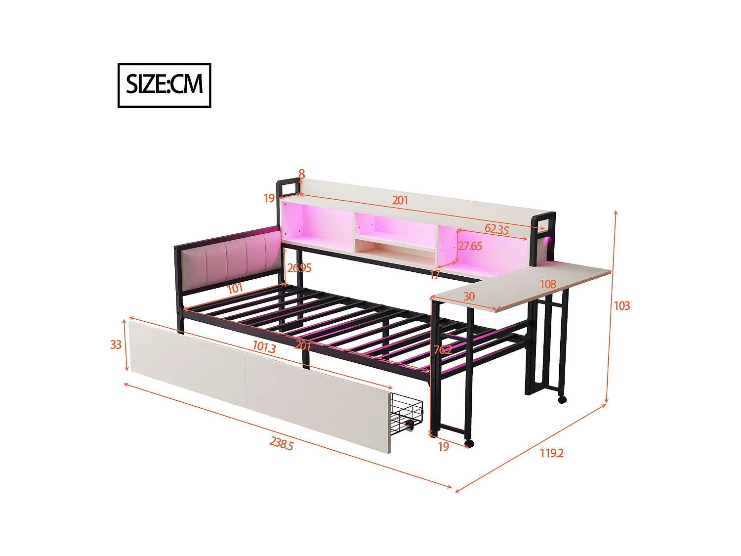 Schlafsofa 90x200 cm - mit LED-Beleuchtung - mit 2 Schubladen - Steckdose - klappbarer Schreibtisch - weiß (Matratze nicht im Lieferumfang enthalten)