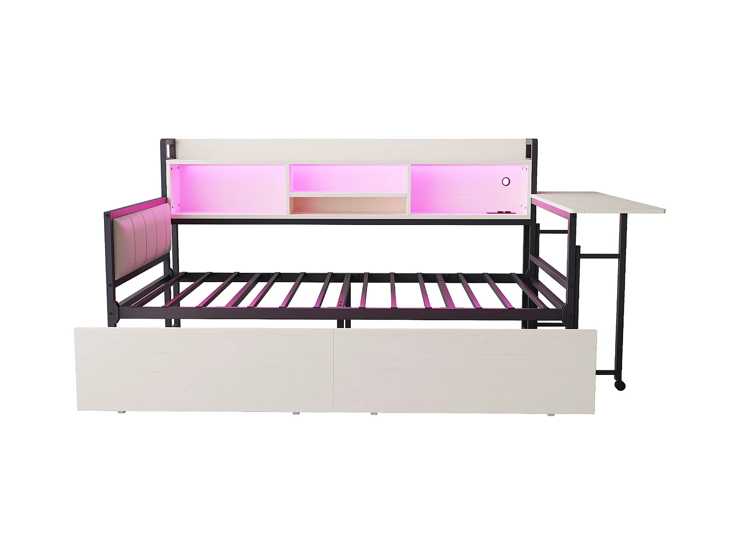 Schlafsofa 90x200 cm - mit LED-Beleuchtung - mit 2 Schubladen - Steckdose - klappbarer Schreibtisch - weiß (Matratze nicht im Lieferumfang enthalten)