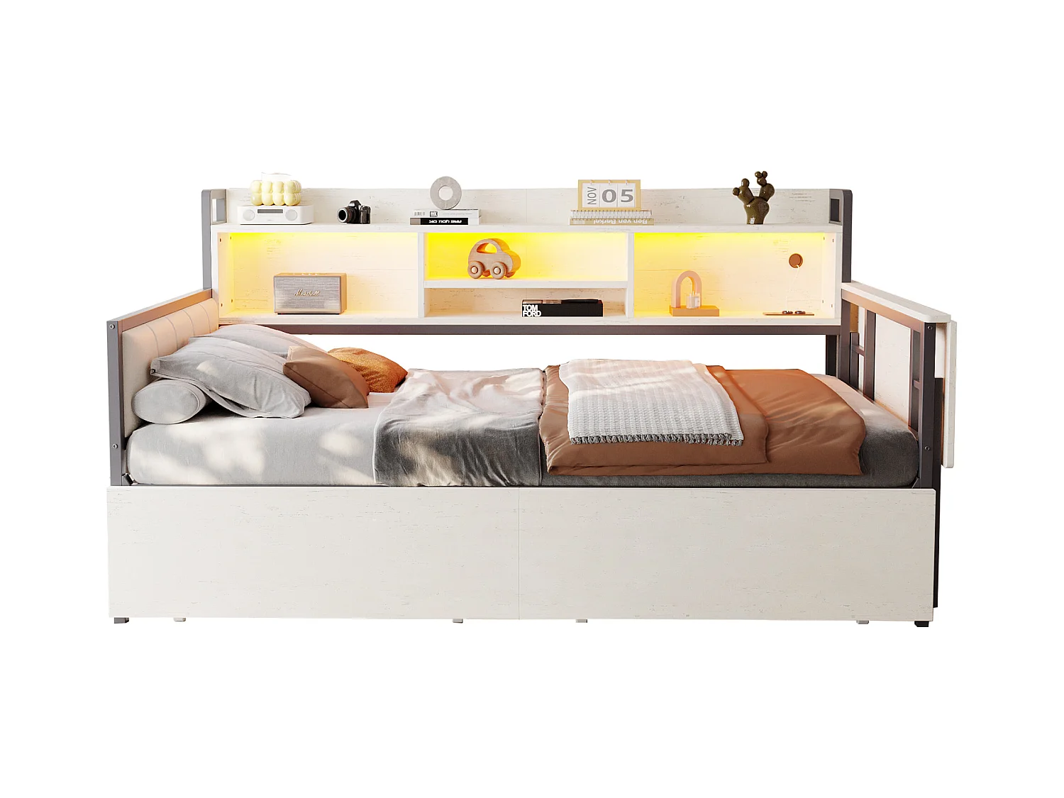 Schlafsofa 90x200 cm - mit LED-Beleuchtung - mit 2 Schubladen - Steckdose - klappbarer Schreibtisch - weiß (Matratze nicht im Lieferumfang enthalten)