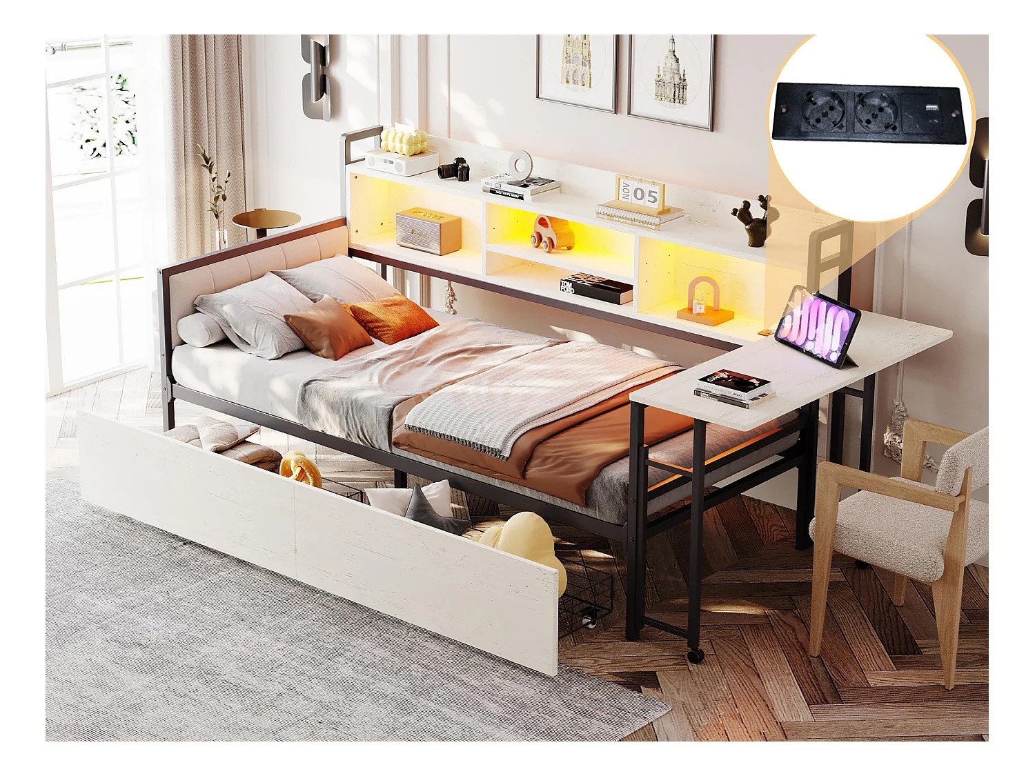 Sofa rozkładana 90x200 cm - z oświetleniem LED - z 2 szufladami - gniazdko elektryczne - składane biurko - biały (materac nie jest w zestawie)