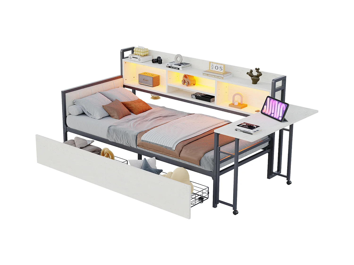 Canapé-lit 90x200 cm - avec éclairage LED - avec 2 tiroirs - prise de courant - bureau rabattable - blanc (matelas non inclus)
