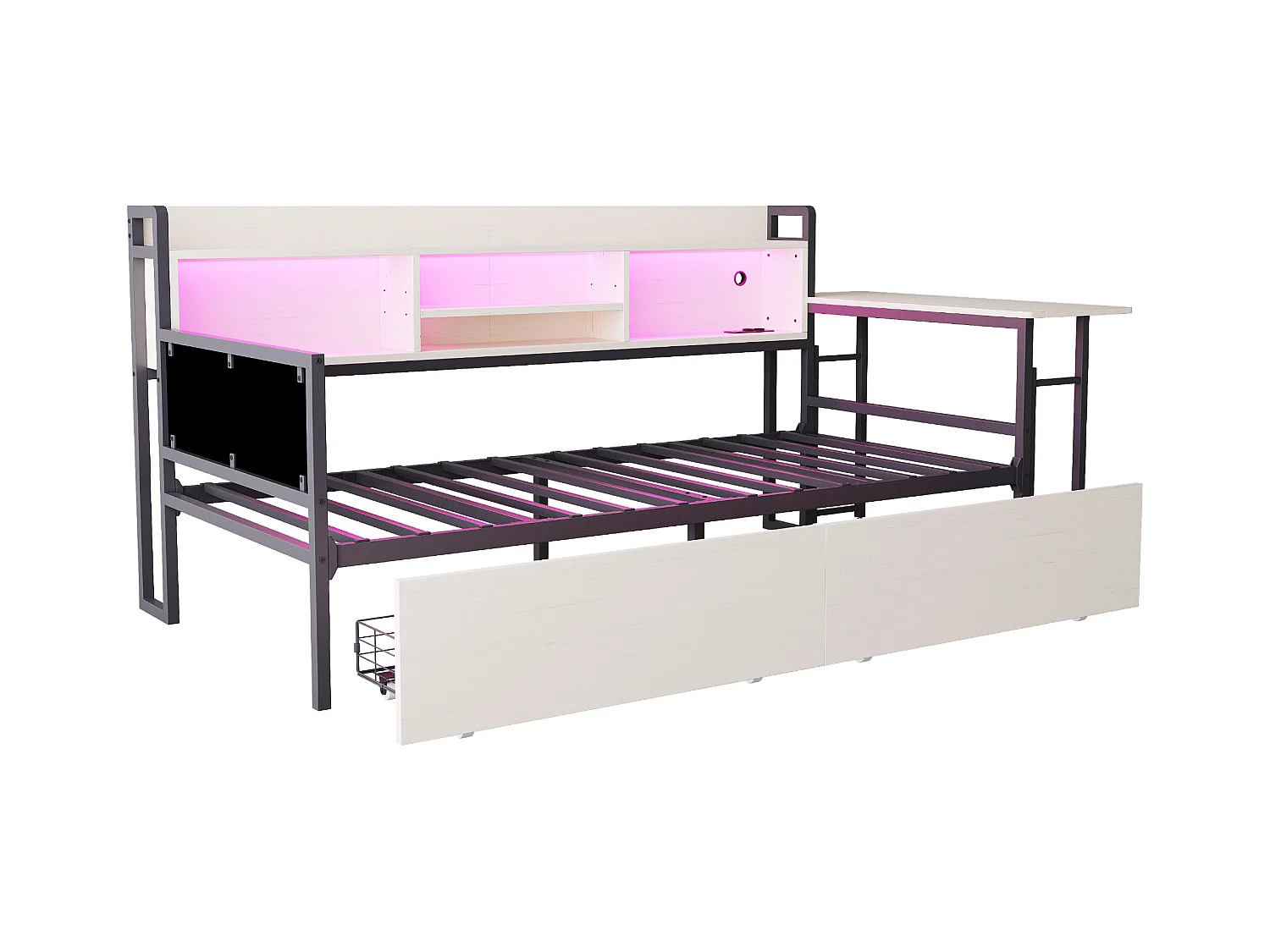 Canapé-lit 90x200 cm - avec éclairage LED - avec 2 tiroirs - prise de courant - bureau rabattable - blanc (matelas non inclus)