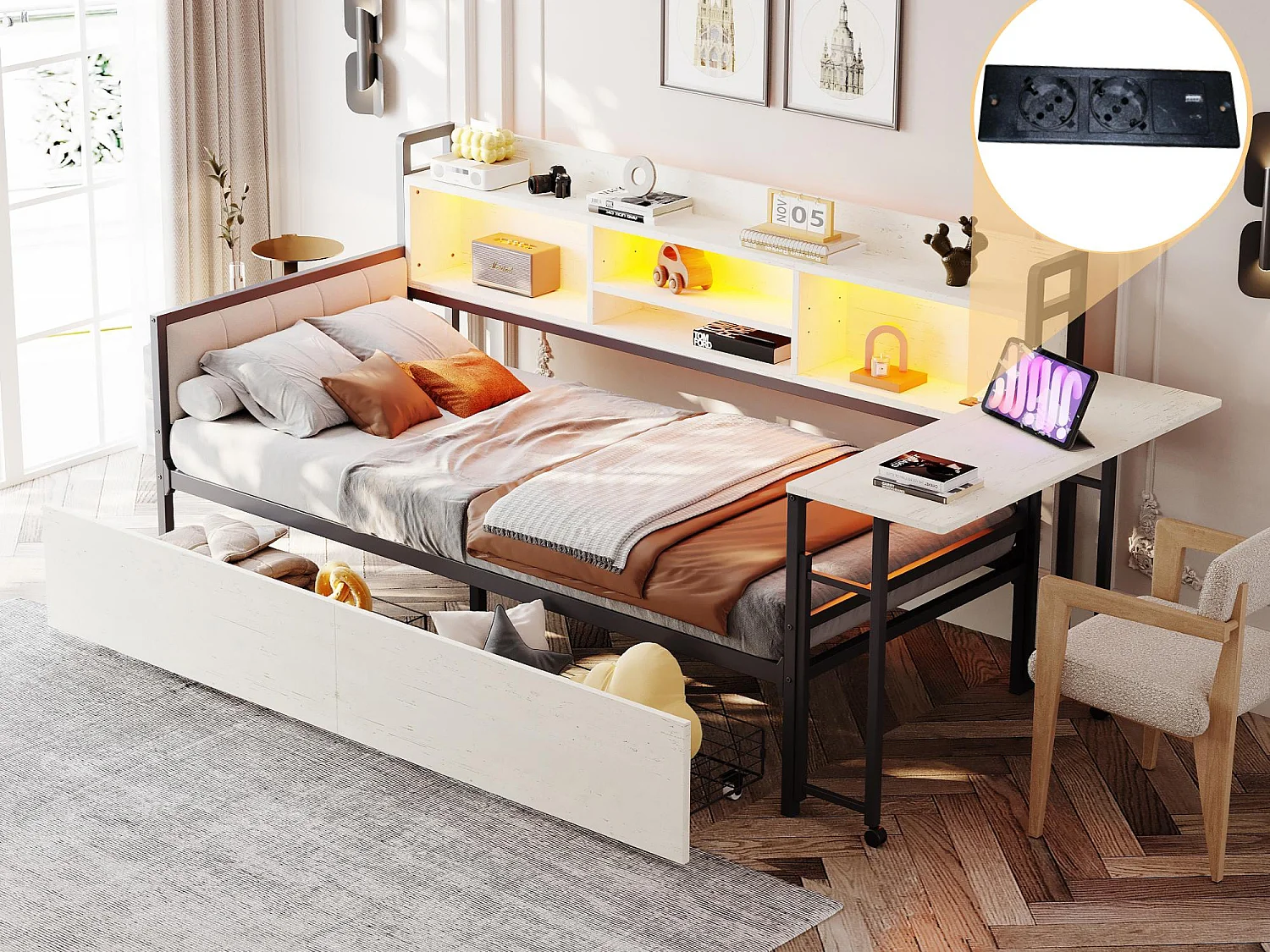 Divano letto 90x200 cm - con illuminazione LED - con 2 cassetti - presa di corrente - scrivania ribaltabile - bianco (materasso non incluso)