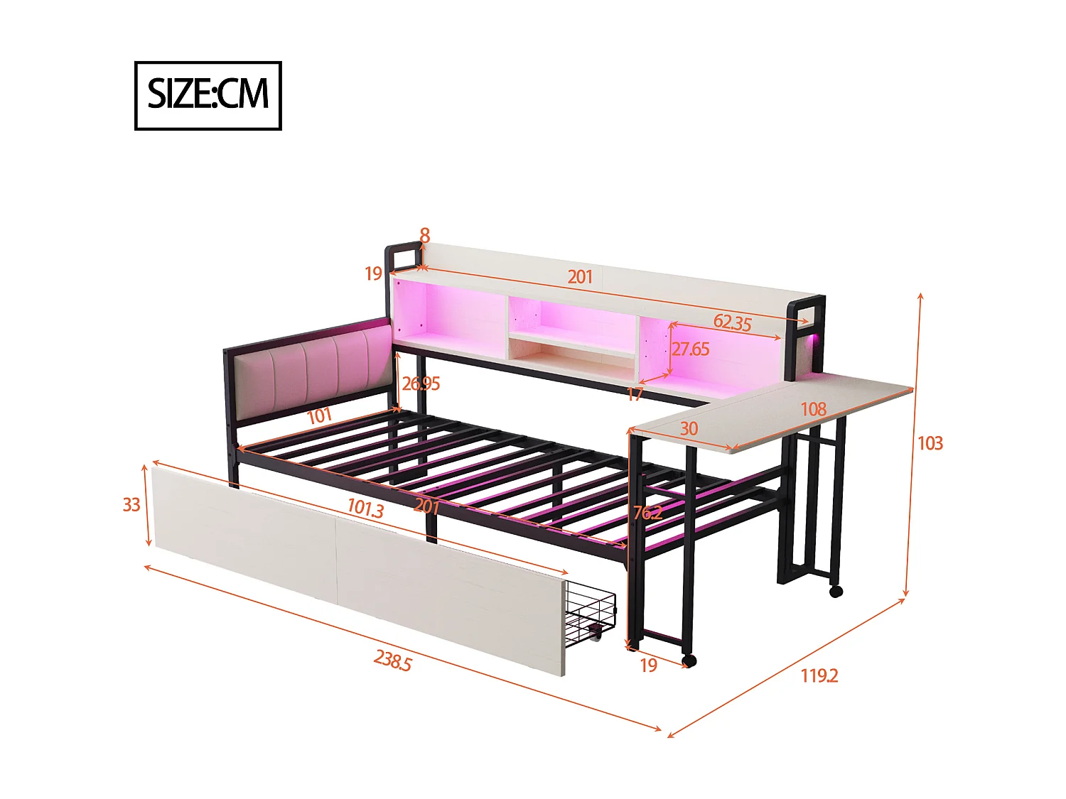 Divano letto 90x200 cm - con illuminazione LED - con 2 cassetti - presa di corrente - scrivania ribaltabile - bianco (materasso non incluso)