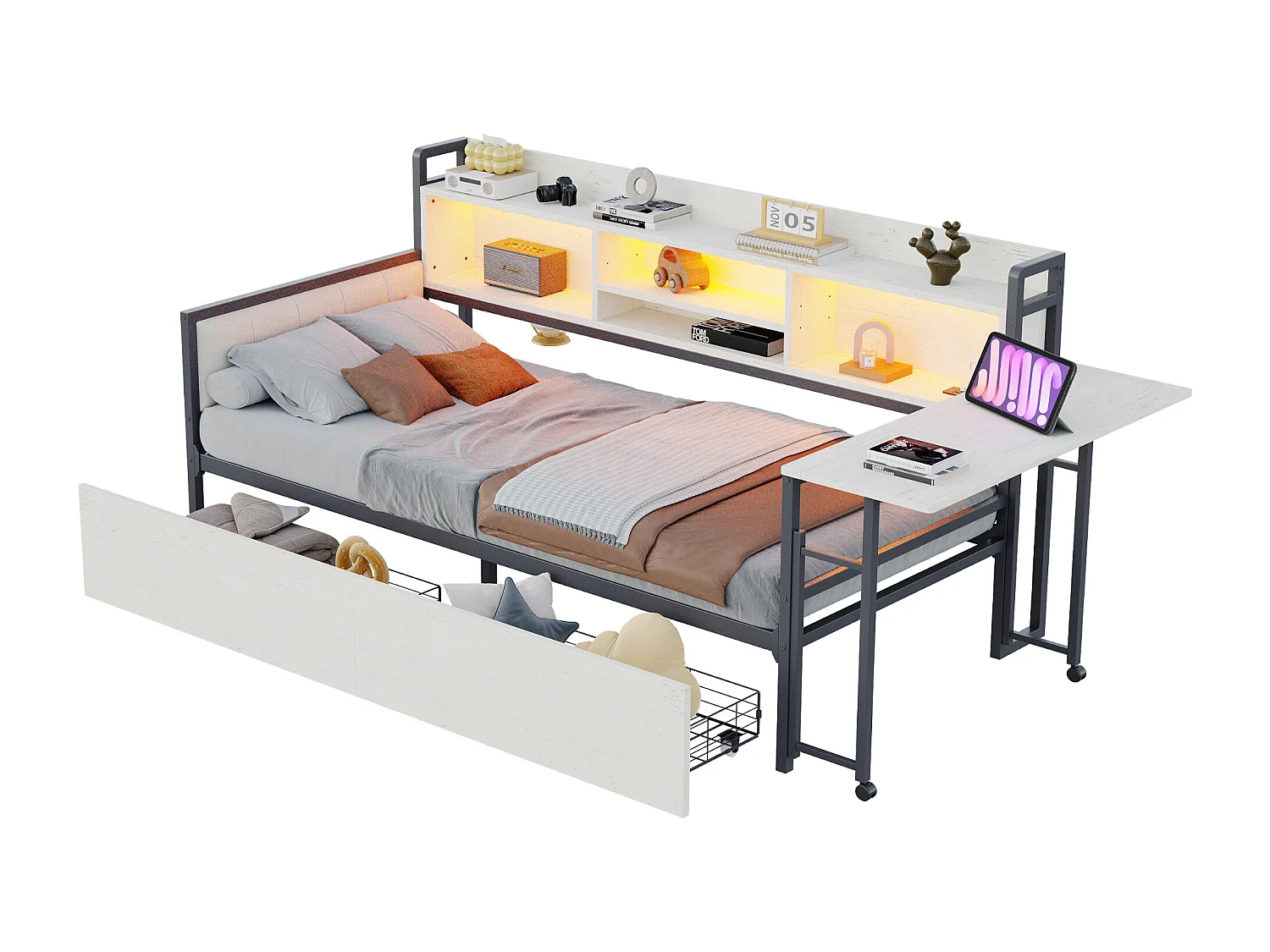 Divano letto 90x200 cm - con illuminazione LED - con 2 cassetti - presa di corrente - scrivania ribaltabile - bianco (materasso non incluso)