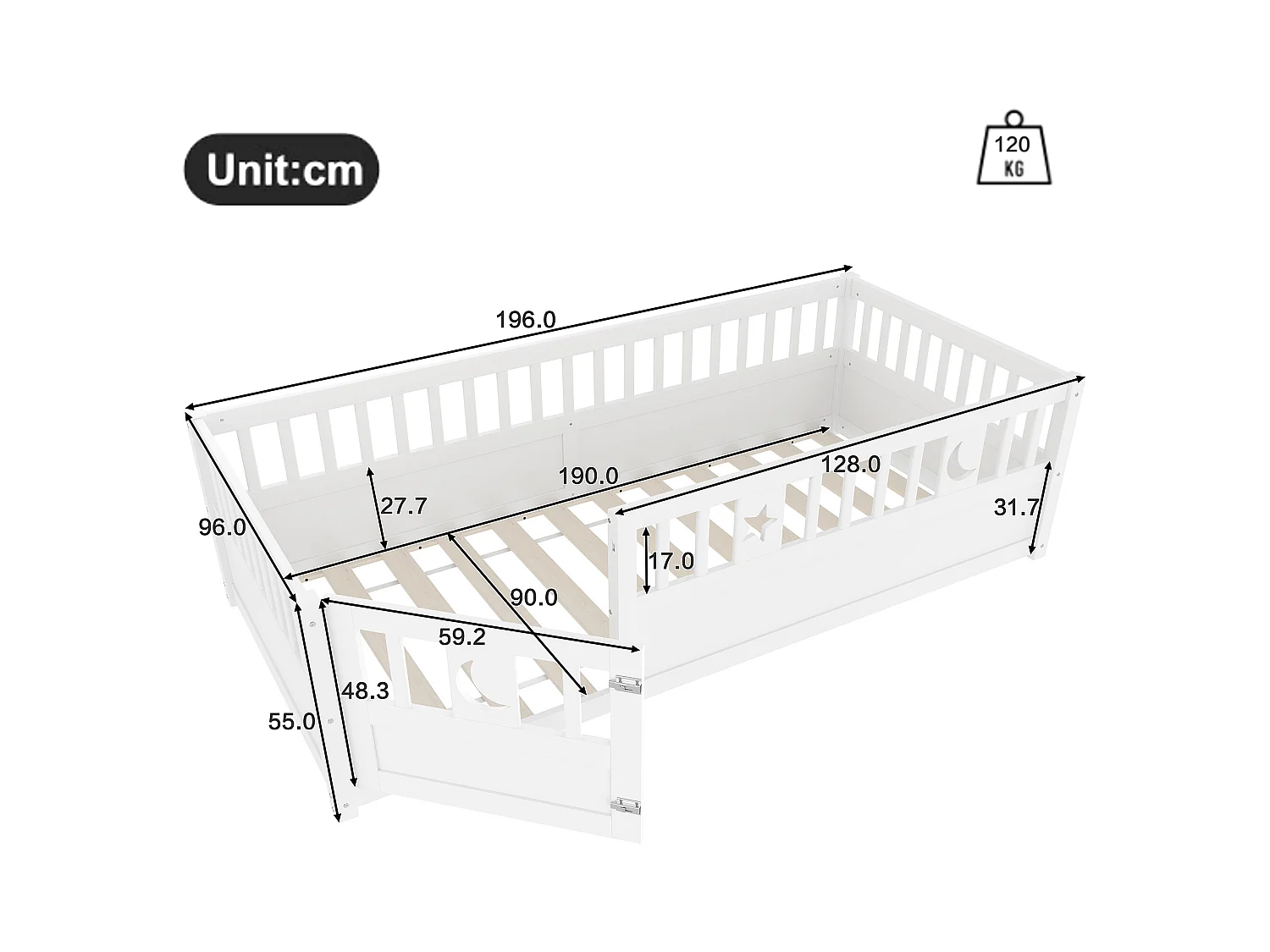 Cama infantil 90x190 cm - com barras de segurança - com estrado de ripas - branco (sem colchão)