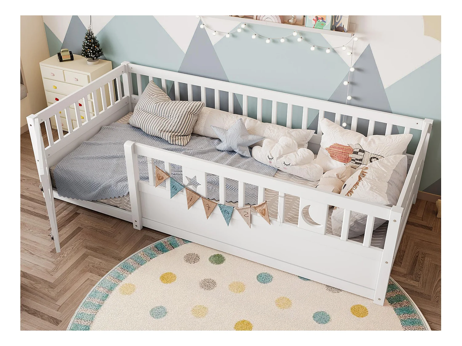 Lit enfant 90x190 cm - avec barrières de sécurité - avec sommier à lattes - blanc (sans matelas)