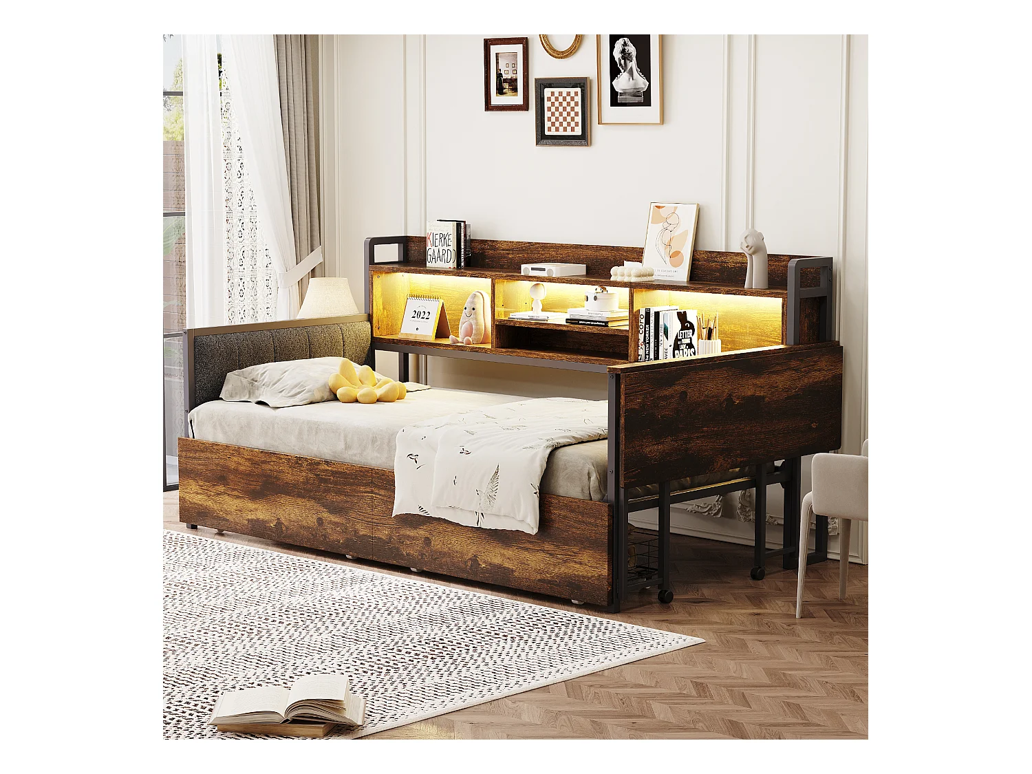 Canapé-lit 90x200 cm - avec éclairage LED - avec 2 tiroirs - prise de courant - bureau rabattable - naturel (matelas non inclus)