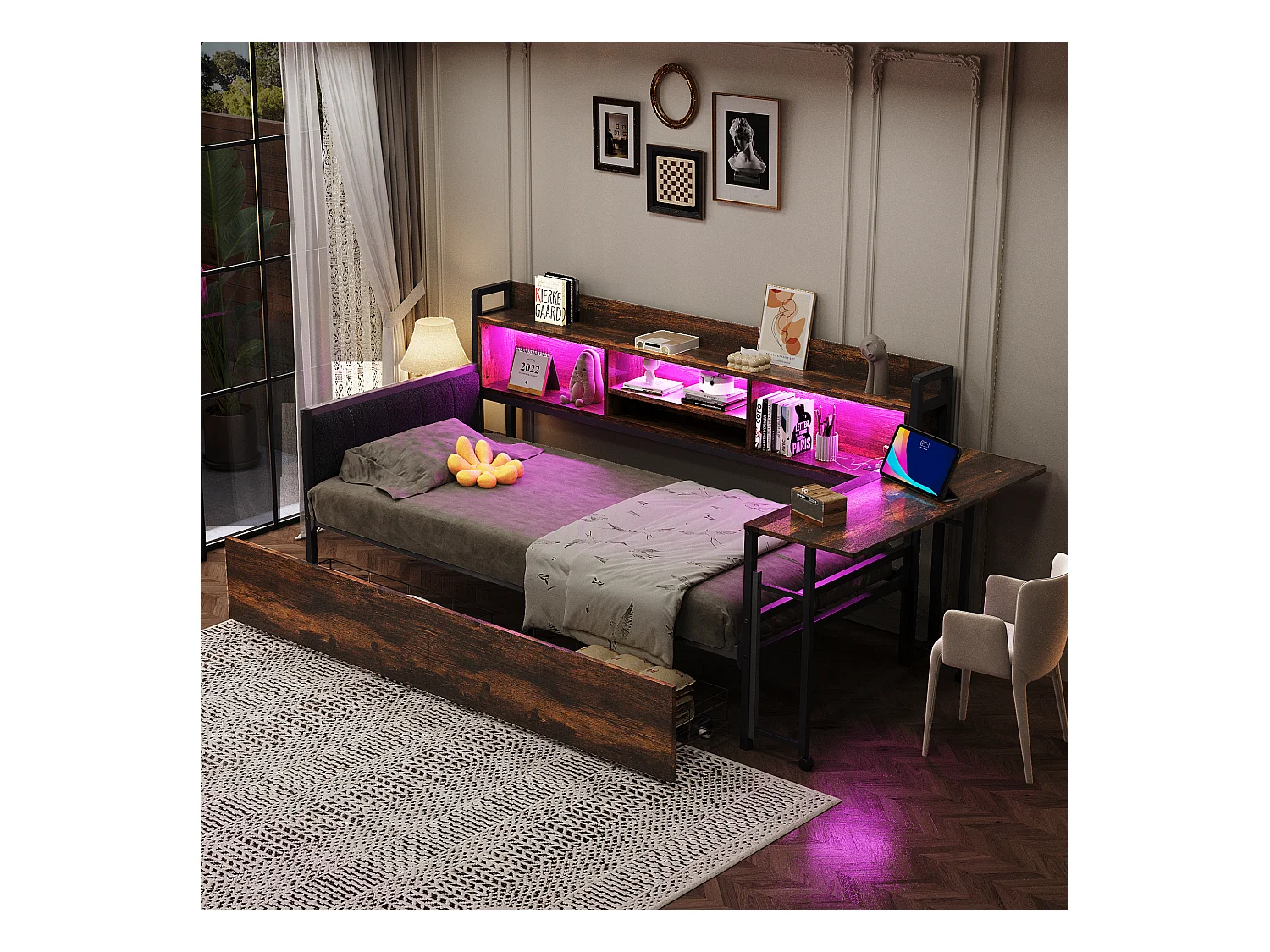 Canapé-lit 90x200 cm - avec éclairage LED - avec 2 tiroirs - prise de courant - bureau rabattable - naturel (matelas non inclus)