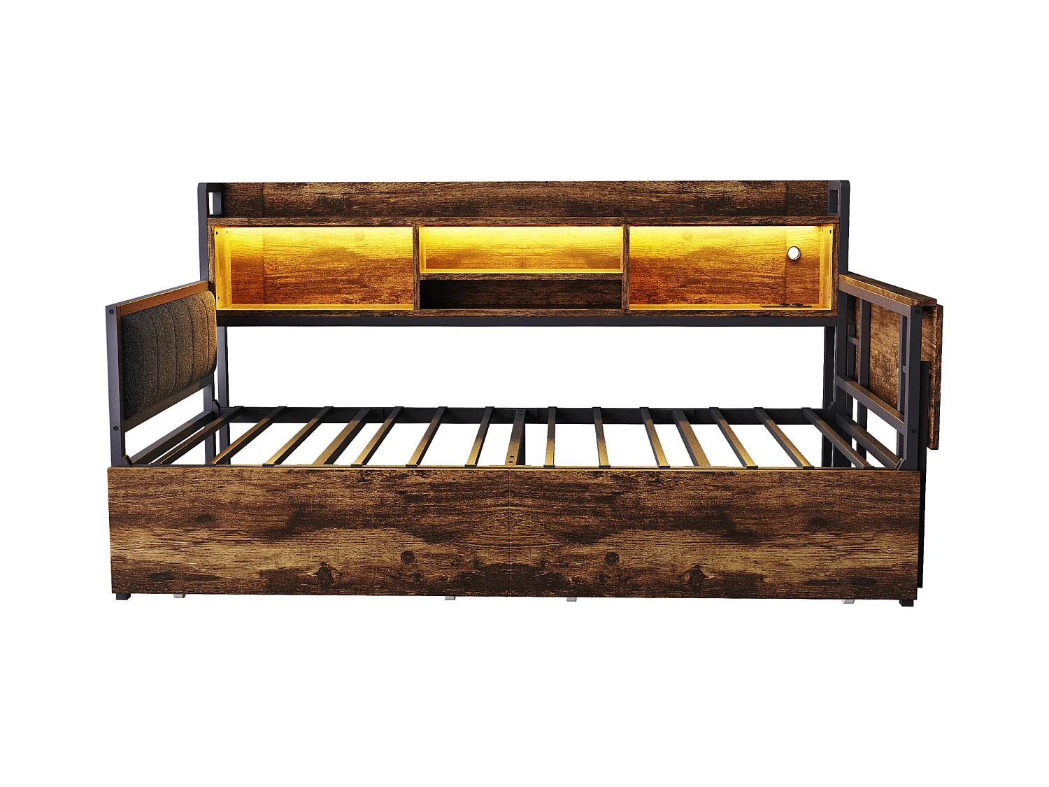 Canapé-lit 90x200 cm - avec éclairage LED - avec 2 tiroirs - prise de courant - bureau rabattable - naturel (matelas non inclus)