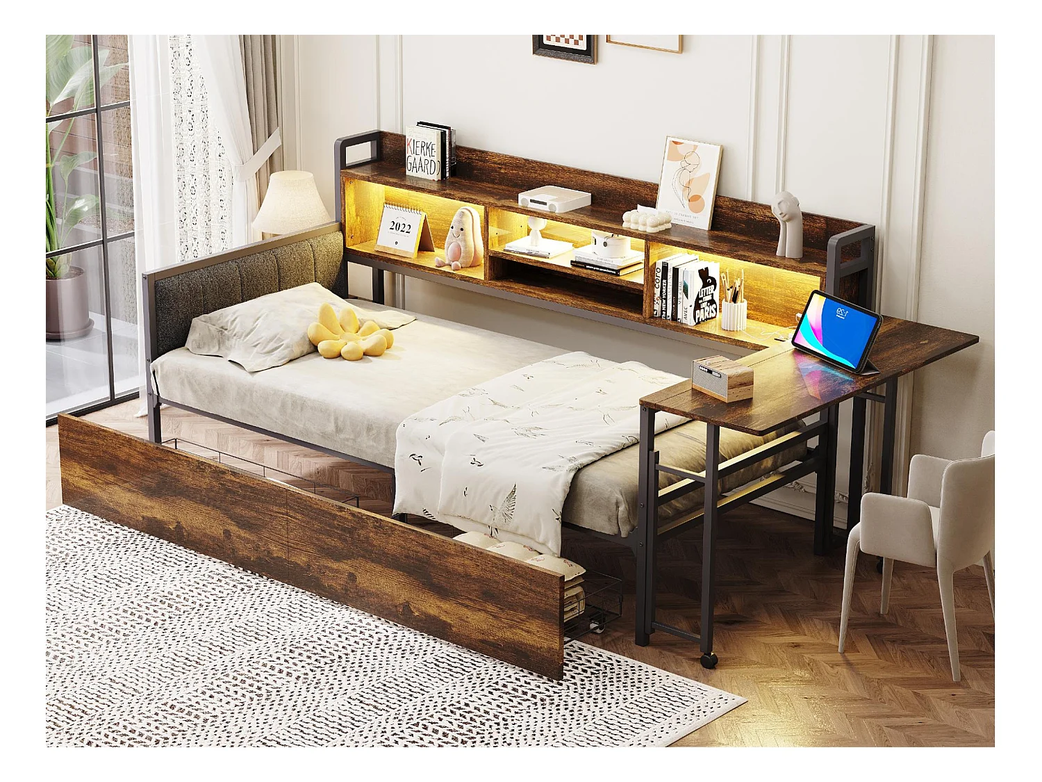 Sofa rozkładana 90x200 cm - z oświetleniem LED - z 2 szufladami - gniazdko elektryczne - składane biurko - naturalny (materac nie jest w zestawie)