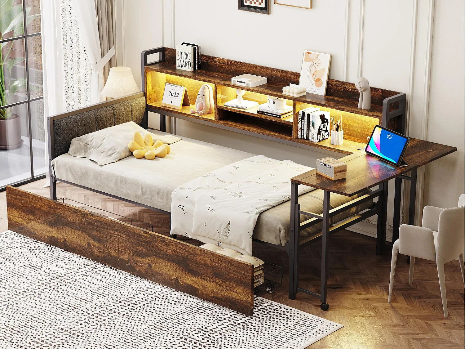 Divano letto 90x200 cm - con illuminazione LED - con 2 cassetti - presa di corrente - scrivania ribaltabile - naturale (materasso non incluso)