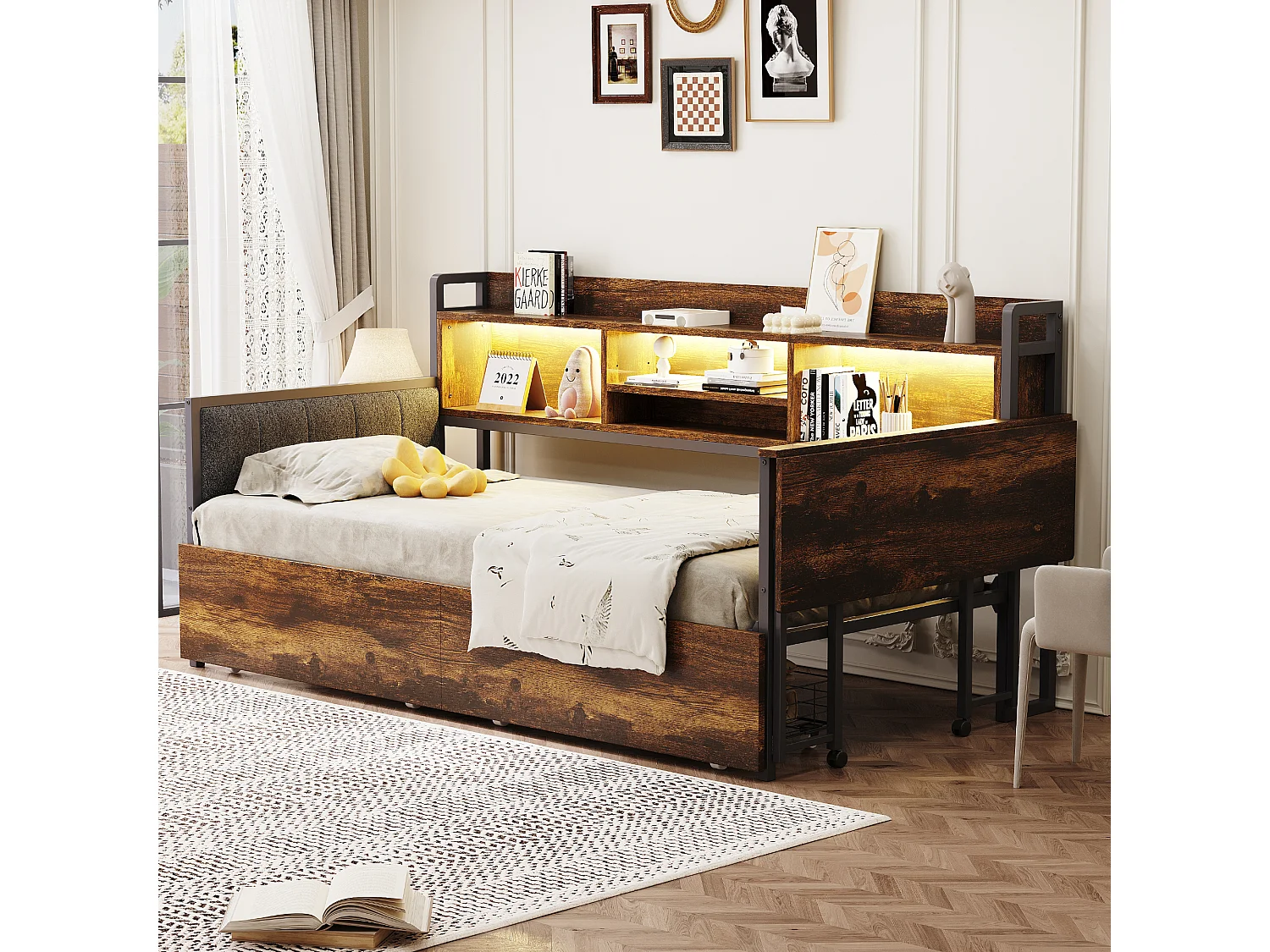 Divano letto 90x200 cm - con illuminazione LED - con 2 cassetti - presa di corrente - scrivania ribaltabile - naturale (materasso non incluso)