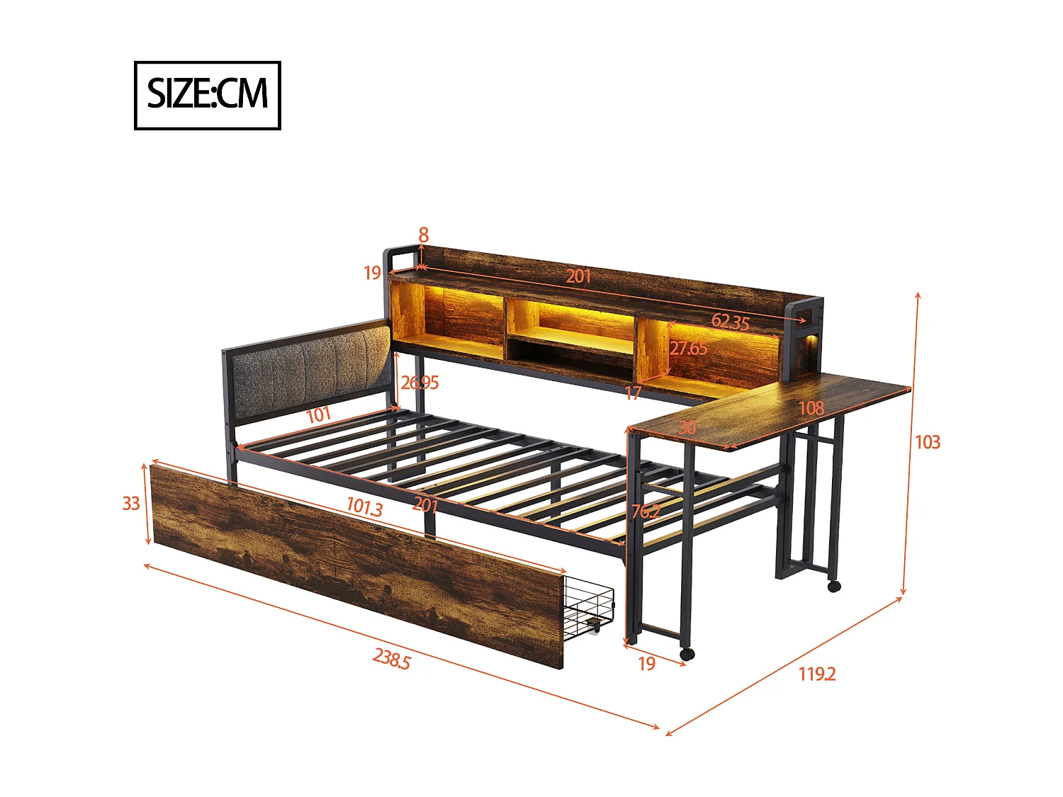 Divano letto 90x200 cm - con illuminazione LED - con 2 cassetti - presa di corrente - scrivania ribaltabile - naturale (materasso non incluso)
