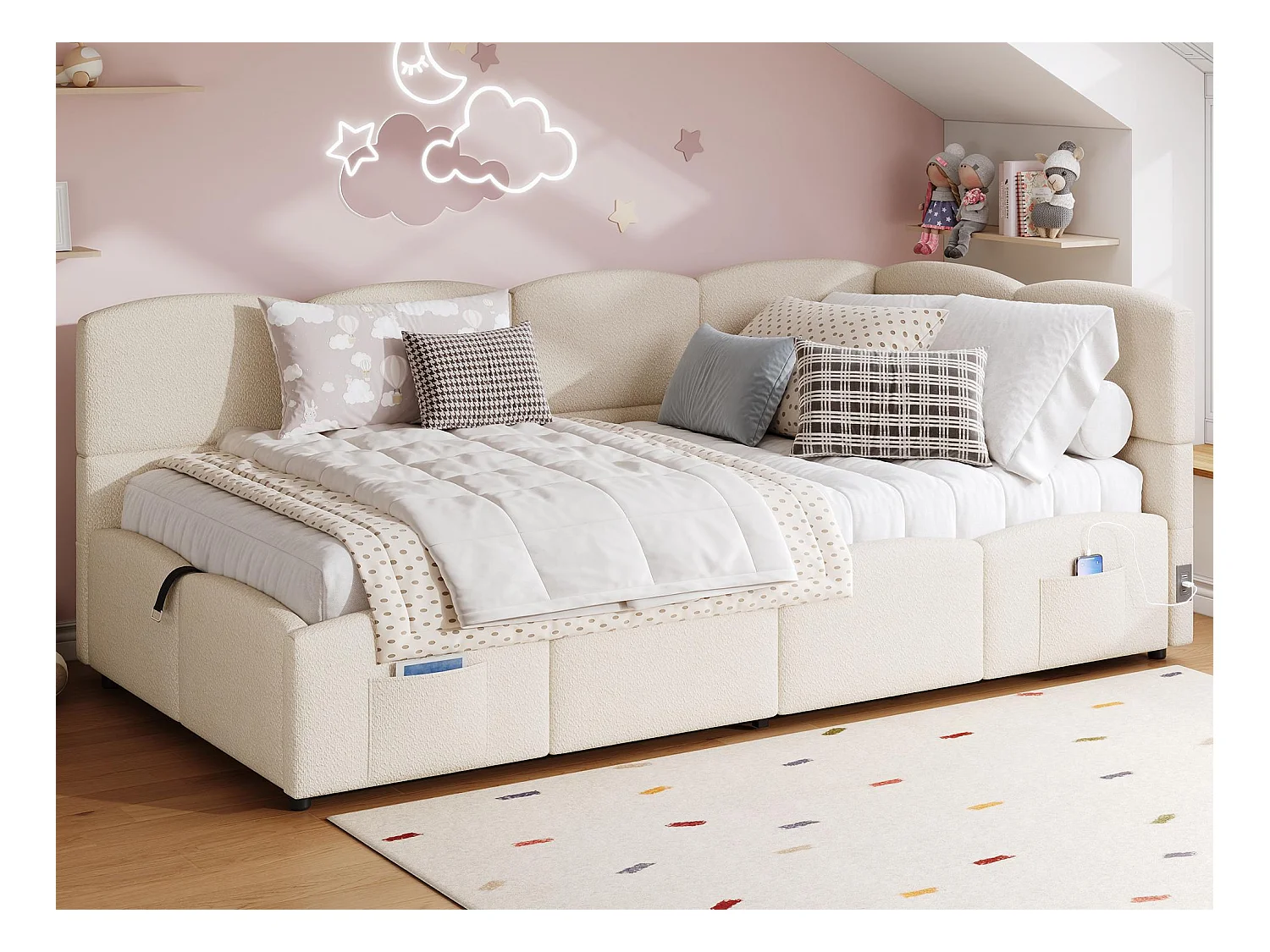 Kinder-Schlafsofa 90x200 cm - Bett mit Stauraum - mit USB-Anschlüssen - mit Aufbewahrungstasche - Bouclé-Velours - Rosa (ohne Matratze)