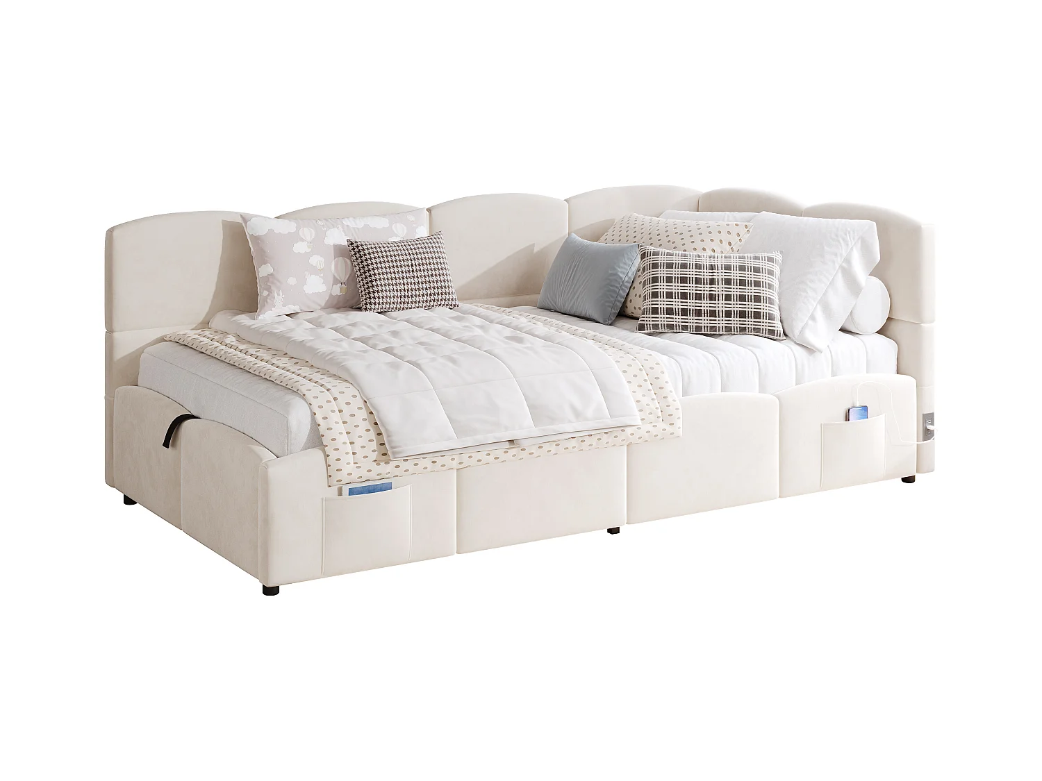 Kinder-Schlafsofa 90x200 cm - Bett mit Stauraum - mit USB-Anschlüssen - mit Aufbewahrungstasche - Bouclé-Velours - Rosa (ohne Matratze)