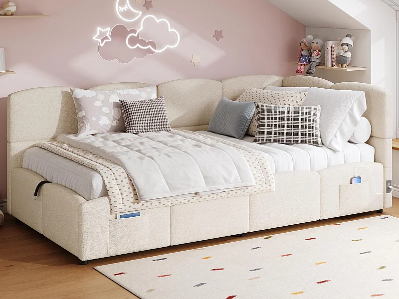 Kinder slaapbank 90x200 cm - Opbergbed - met USB-poorten - met opbergzak - Bouclé fluweel - Roze (zonder matras)