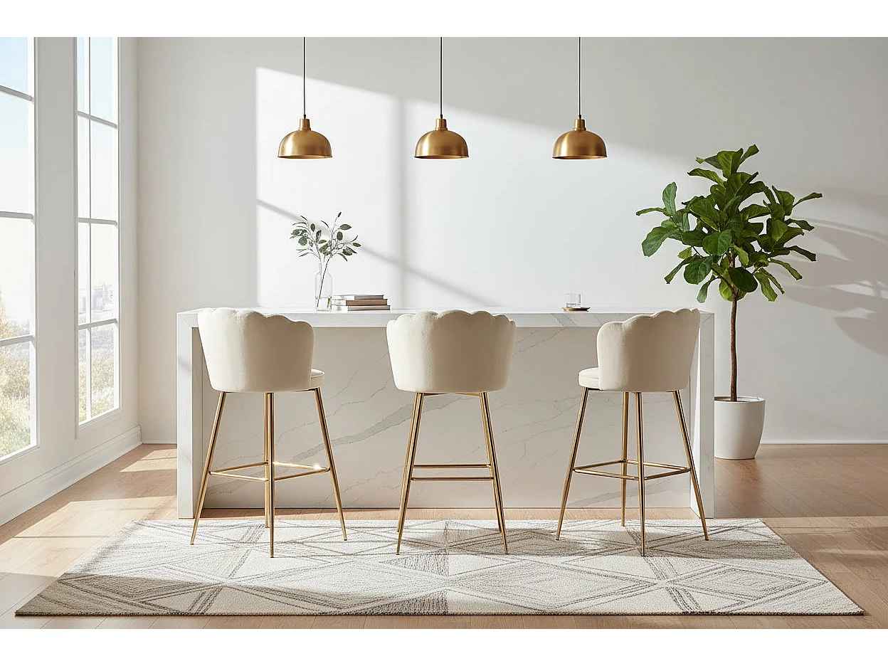 Lot 2 Tabourets de Bar Nymphea Velours Beige Pieds Gold