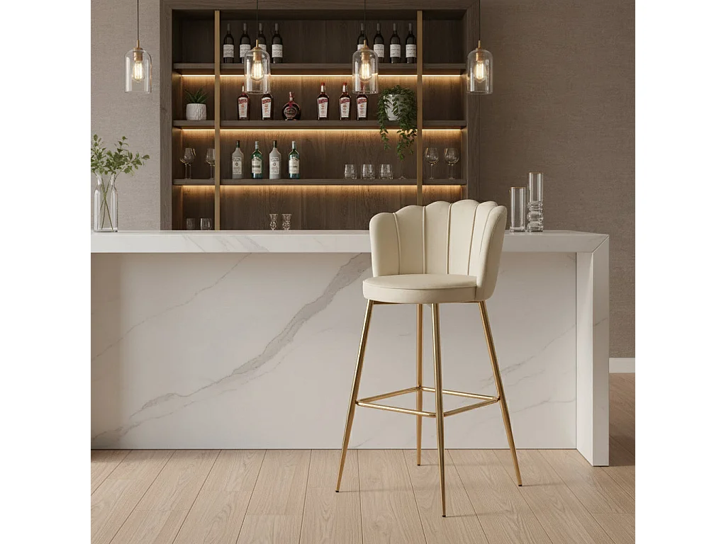 Lot 2 Tabourets de Bar Nymphea Velours Beige Pieds Gold