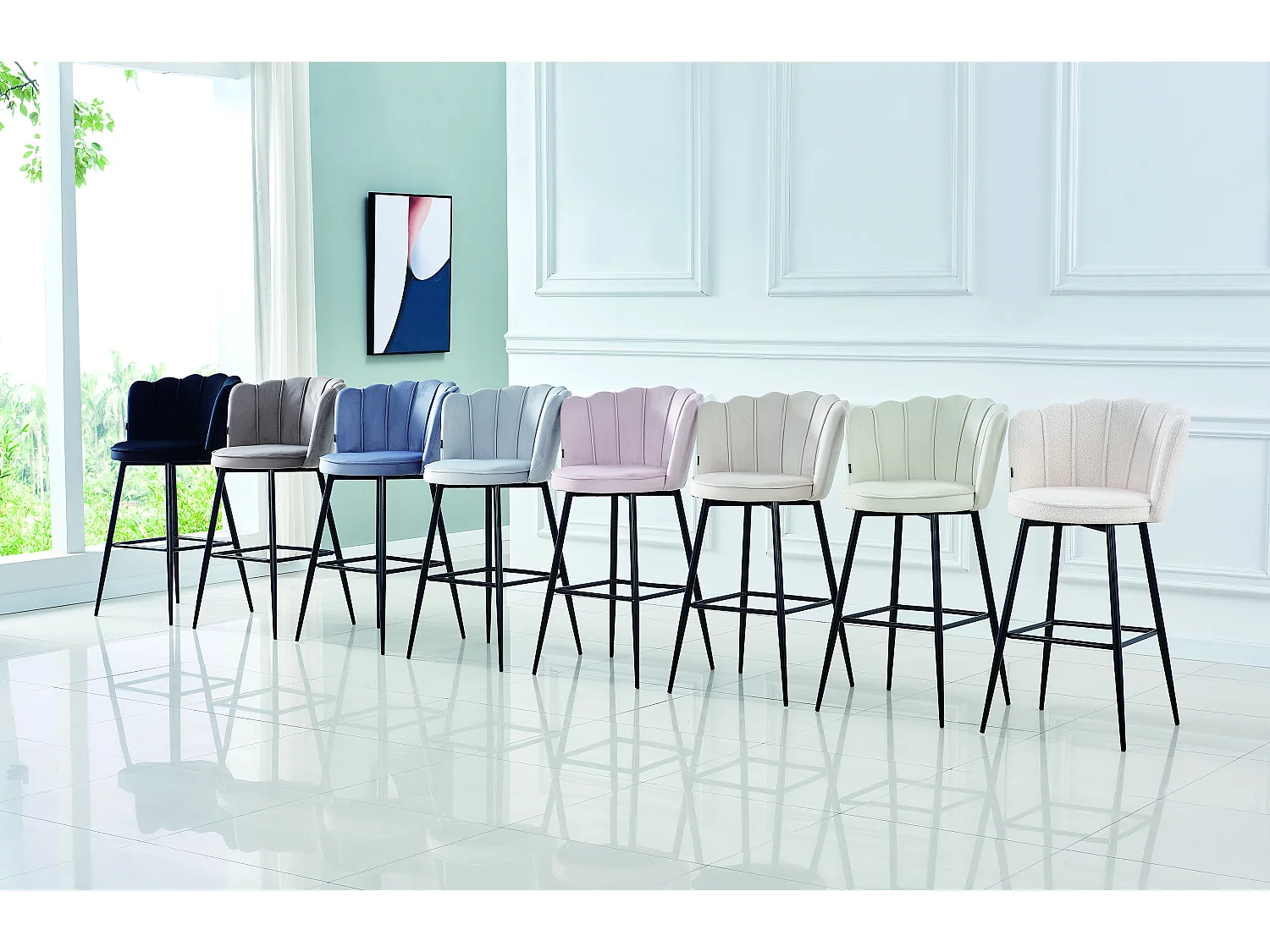 Lot de 2 tabourets de bar NYMPHEA Métal noir en velours - Blanc doudou