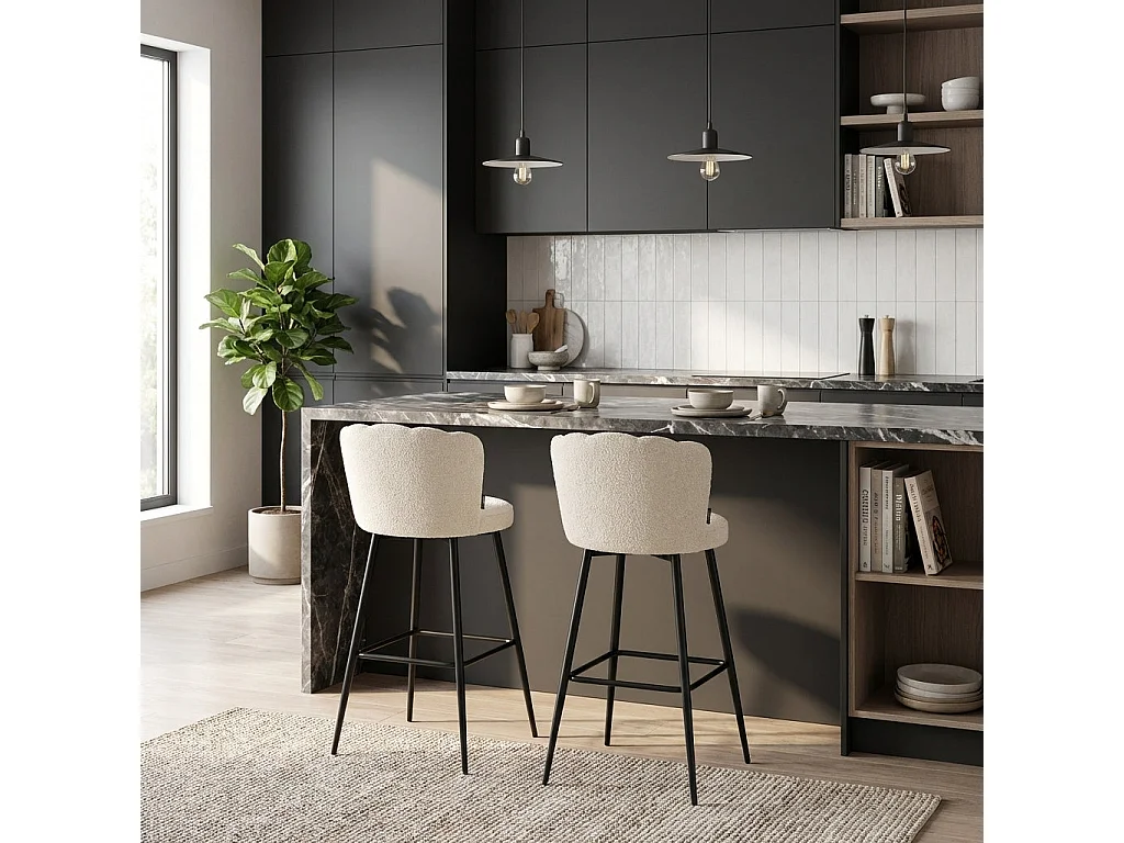 Lot de 2 tabourets de bar velours blanc doudou pieds métal noir - NYMPHEA