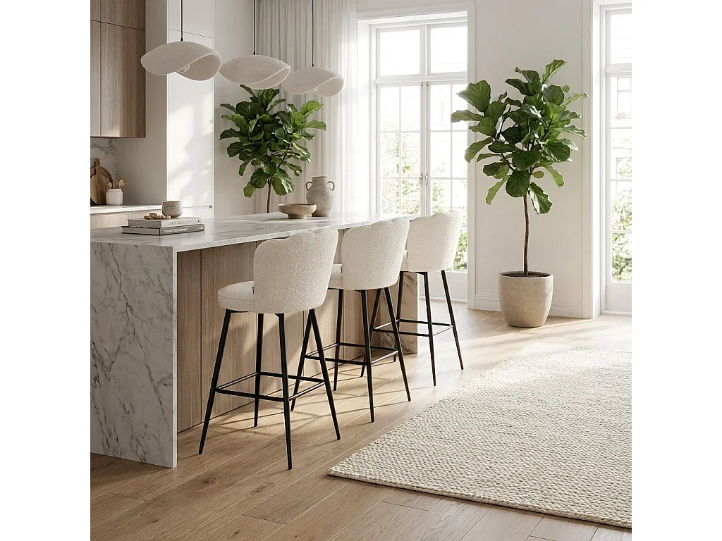 Lot de 2 tabourets de bar velours blanc doudou pieds métal noir - NYMPHEA