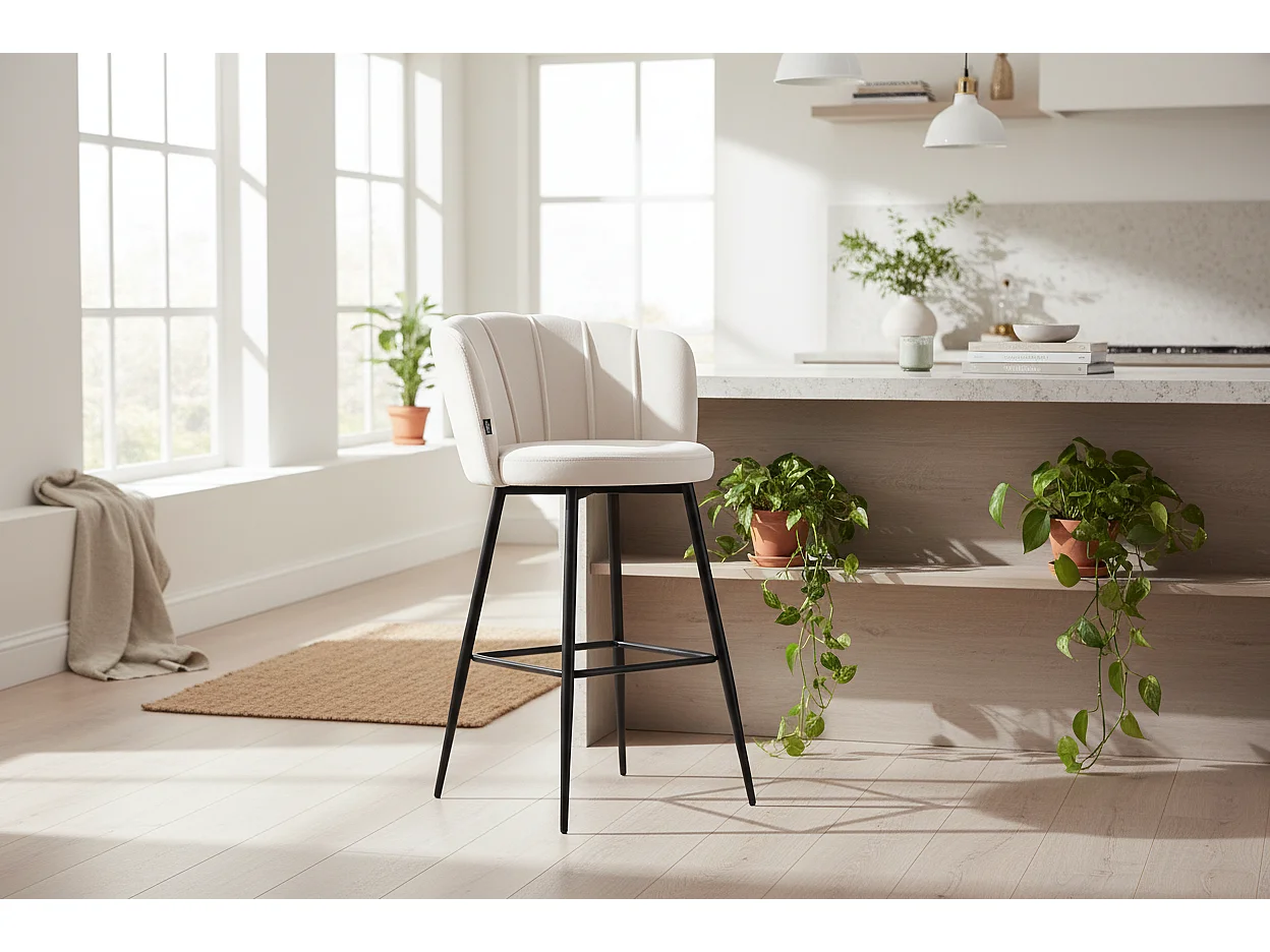 Lot de 2 tabourets de bar velours blanc doudou pieds métal noir - NYMPHEA