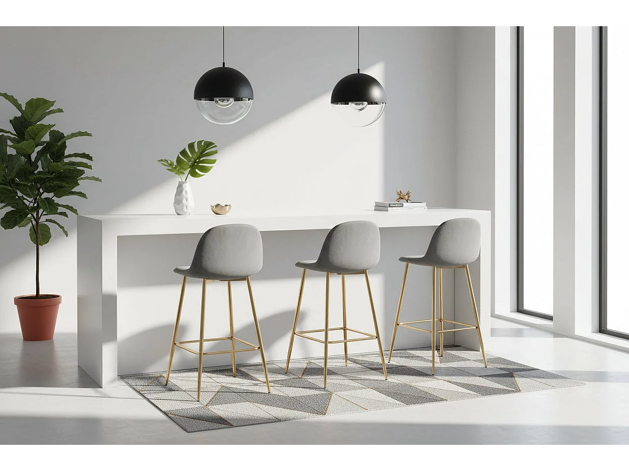 Lot 2 Tabourets de Bar Scandinave Velours Gris Pieds Gold 47,5x43x100cm