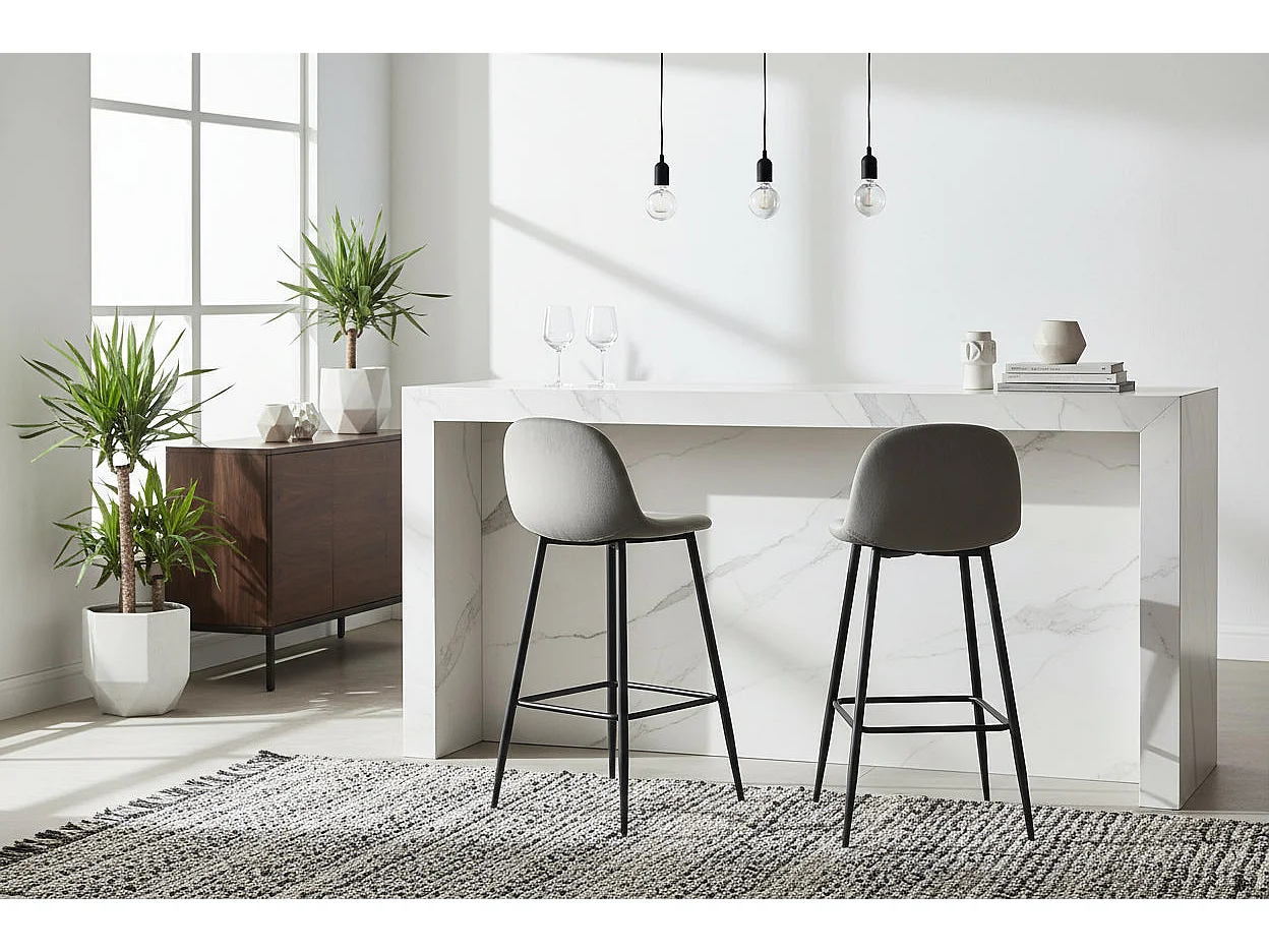 Lot 2 Tabourets de Bar Scandinave Velours Gris Pieds Métal Noir