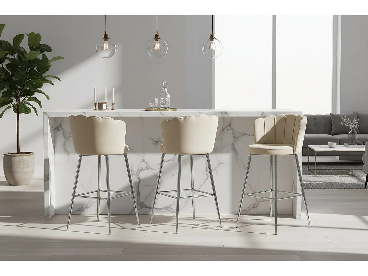Lot 2 Tabourets de Bar Nymphea Velours Beige Pieds Chrome