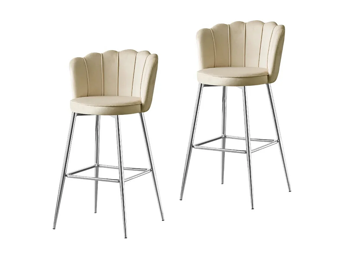 Lot 2 Tabourets de Bar Nymphea Velours Beige Pieds Chrome
